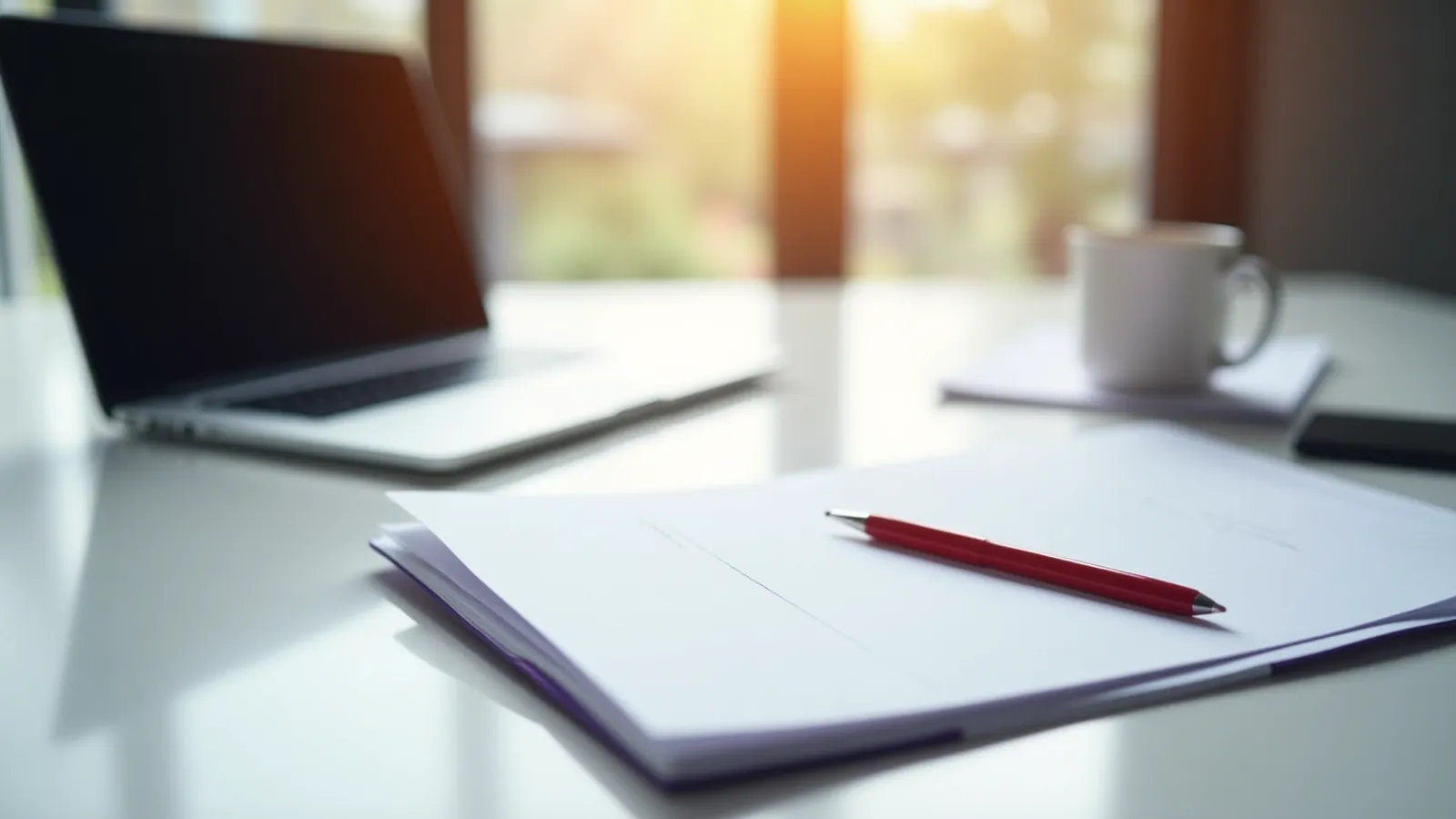 Sunlit desk with blank notebook and closed laptop for an AI lead magnet brief