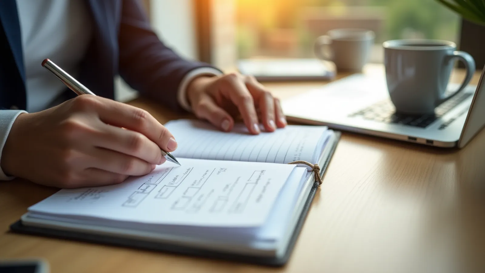 Hands arranging a notebook and closed laptop on a sunlit desk for an AI lead magnet