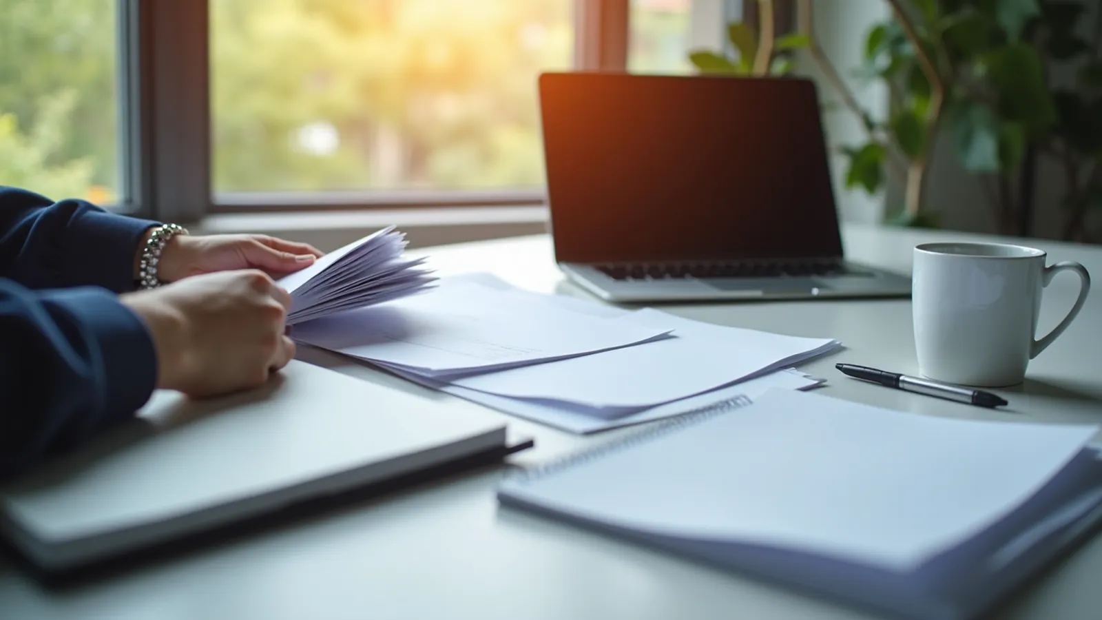 Hands arrange unmarked pages and notes beside a closed laptop for an AI lead magnet generator.