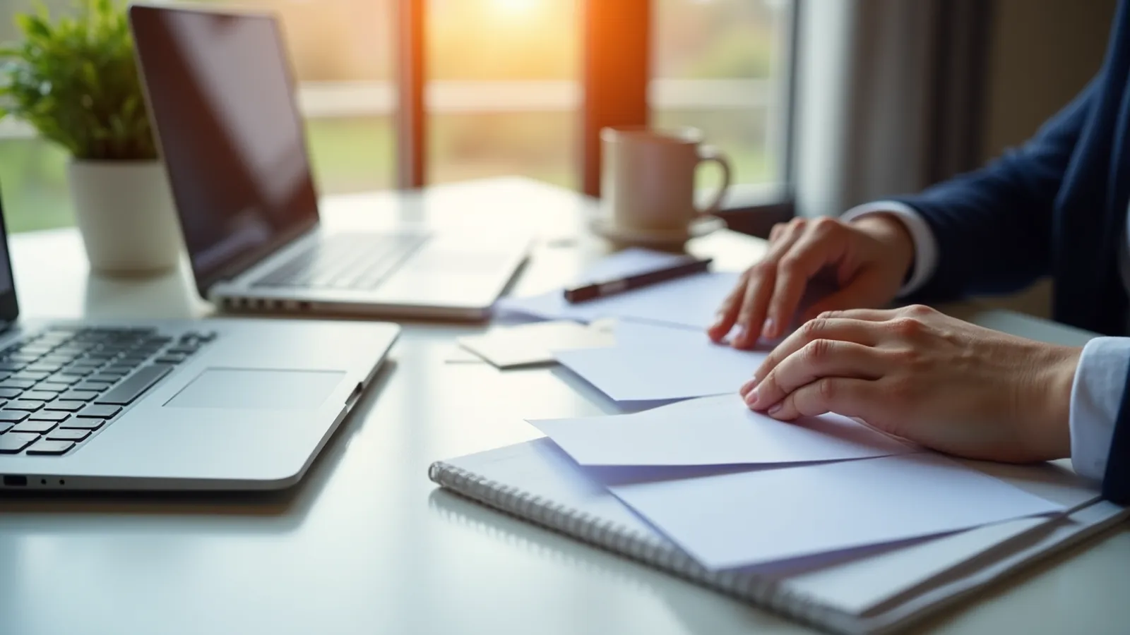 Hands arranging blank cards beside a closed laptop, illustrating AI lead magnet planning.