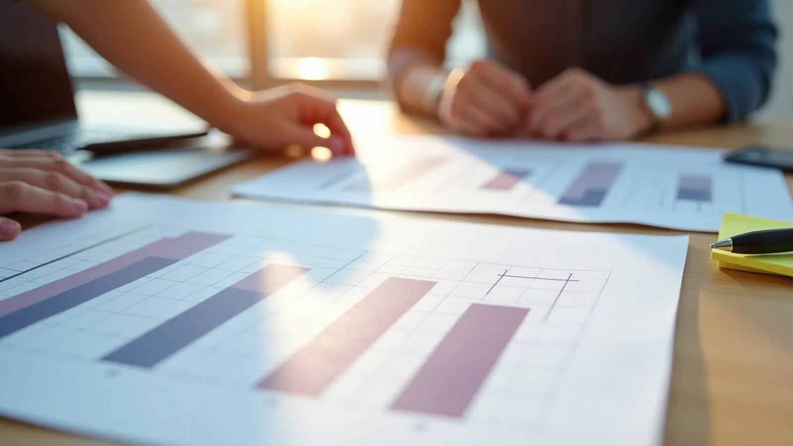B2B consultant arranging blank lead magnet template pages on a sunlit desk.