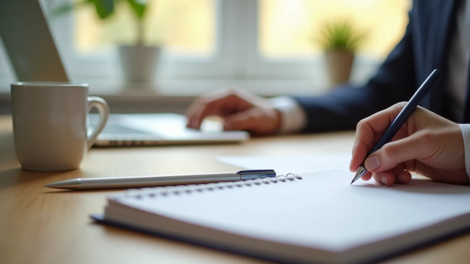 A hand smooths a page beside a notebook and closed laptop for B2B free resource promotion.
