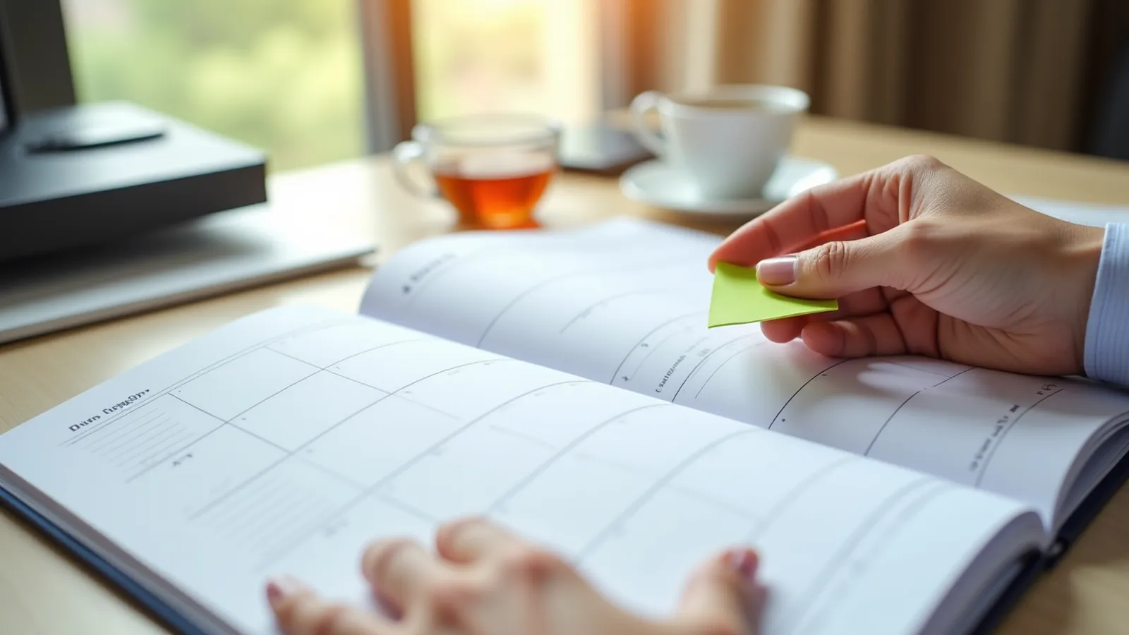 A hand places a sticky note on a blank planner with empty squares.