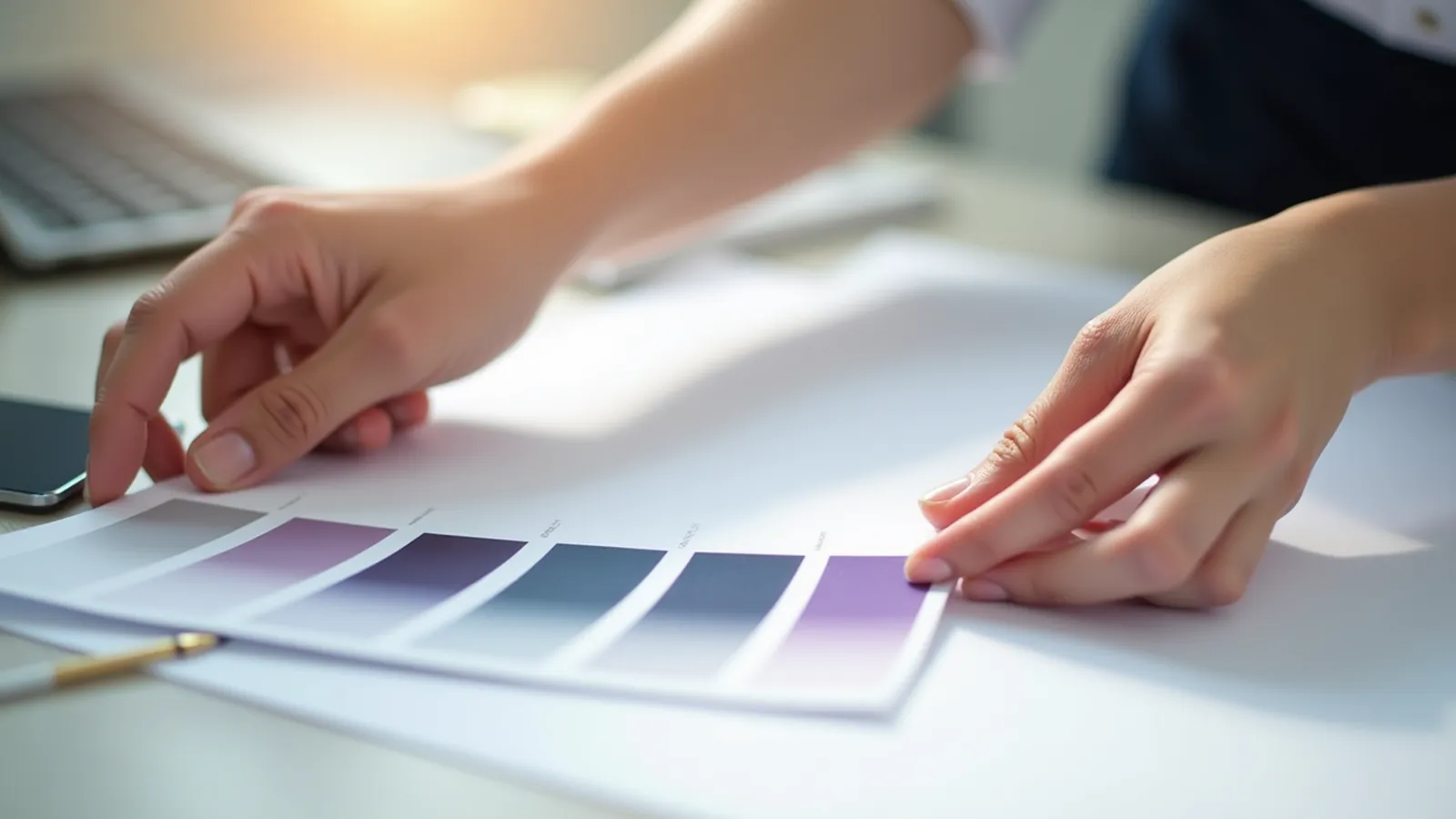 Hands arranging brand color swatches beside blank layout pages in soft light.