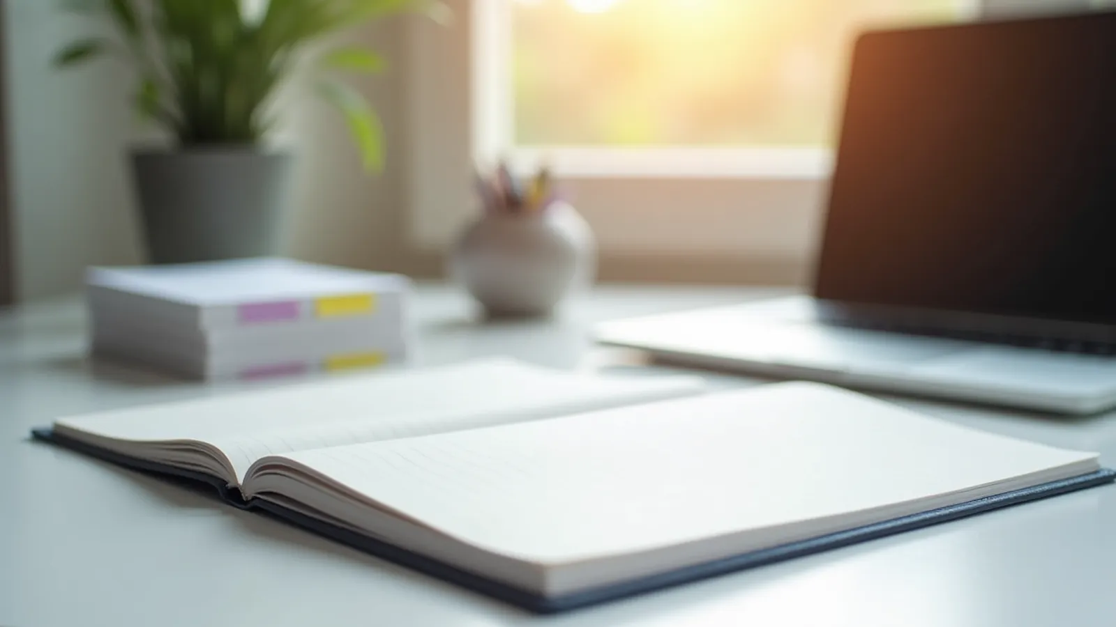 Sunlit desk with blank notebook, index cards and closed laptop for citing sources in a lead magnet