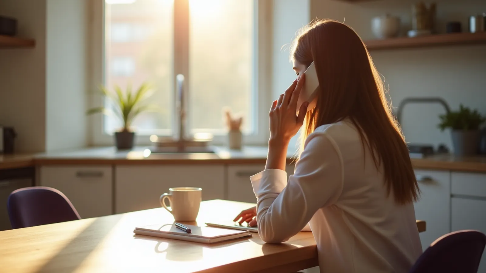 Woman on a briefing call writes a lead magnet brief at her kitchen table