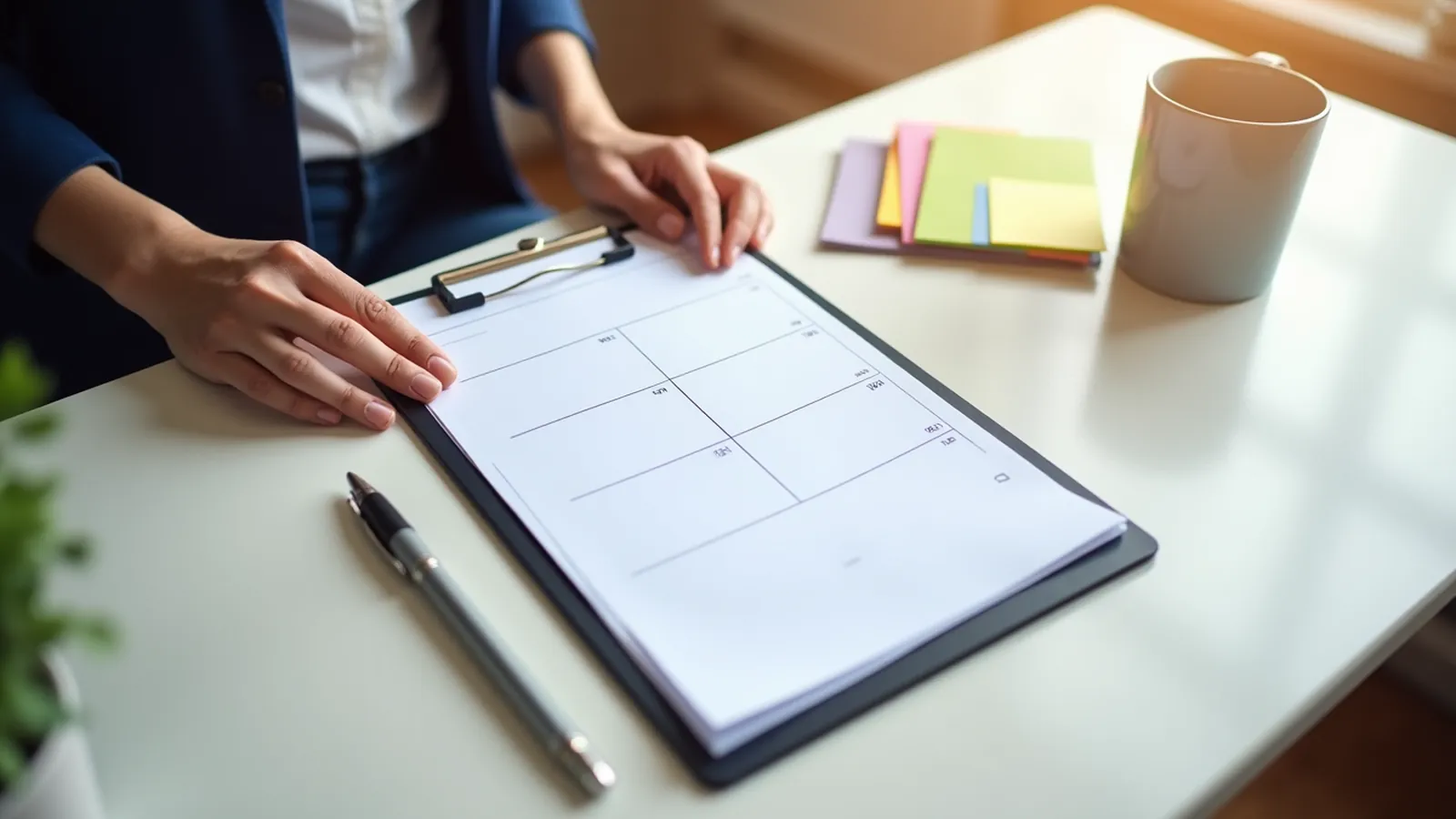 Blank clipboard grid with pen, sticky tabs and mug on a kitchen table