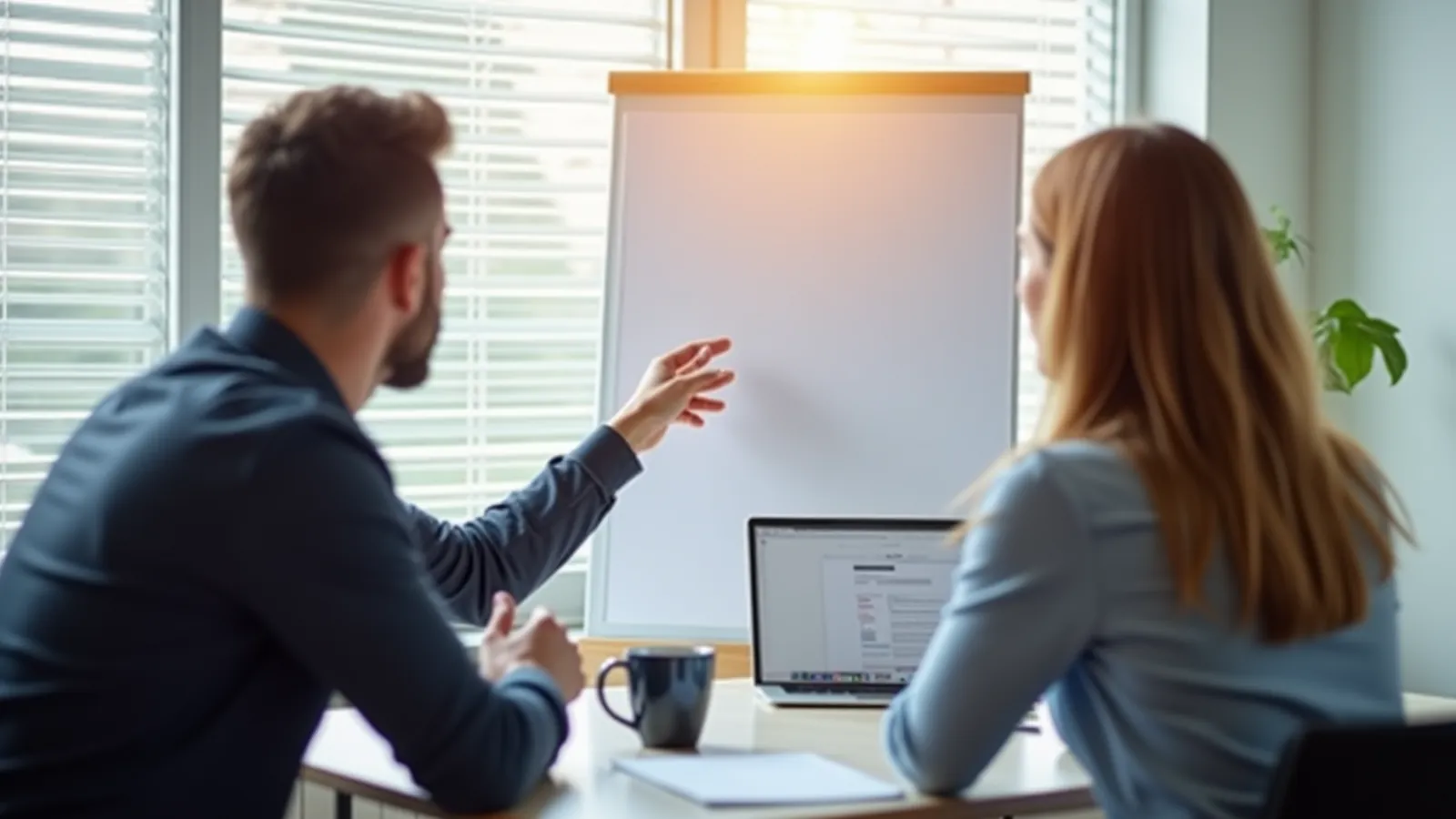 Two people from behind at a consulting table beside a blank flip chart