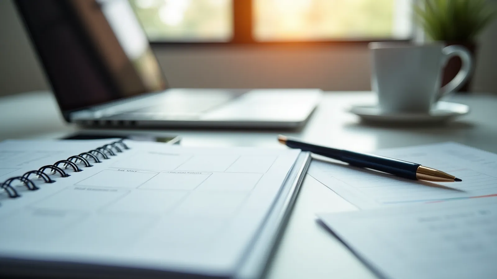 A consultant's desk with a blank lead magnet workbook, pen and mug in morning light