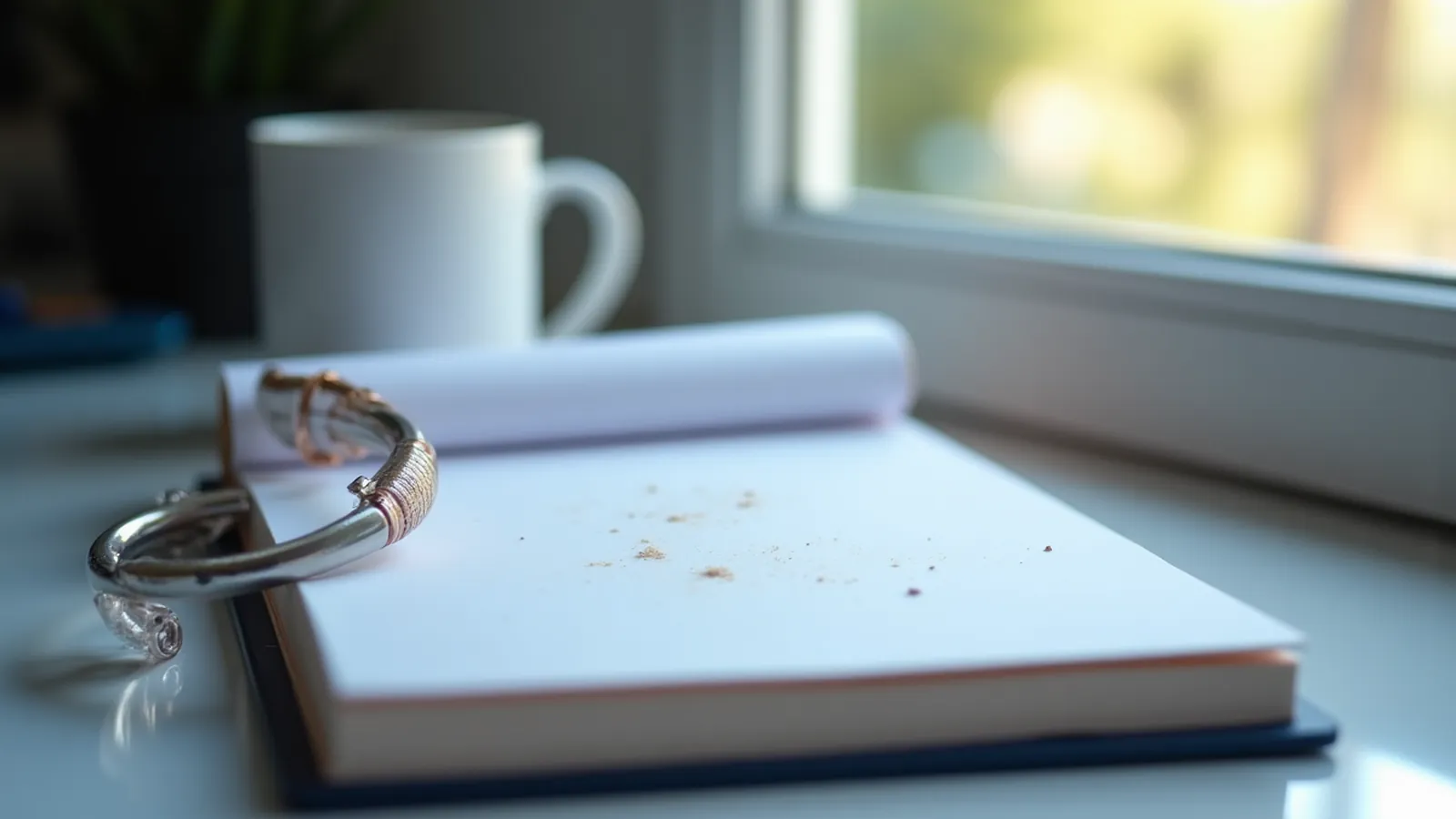 A dusty unused workbook sits on a shelf in cool window light.