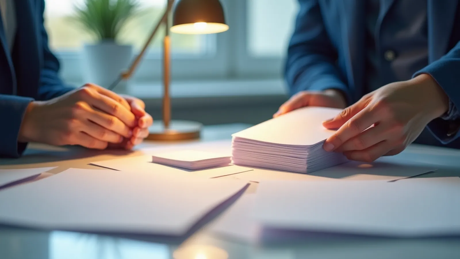 Hands sorting blank index cards into a small chosen stack under a lamp