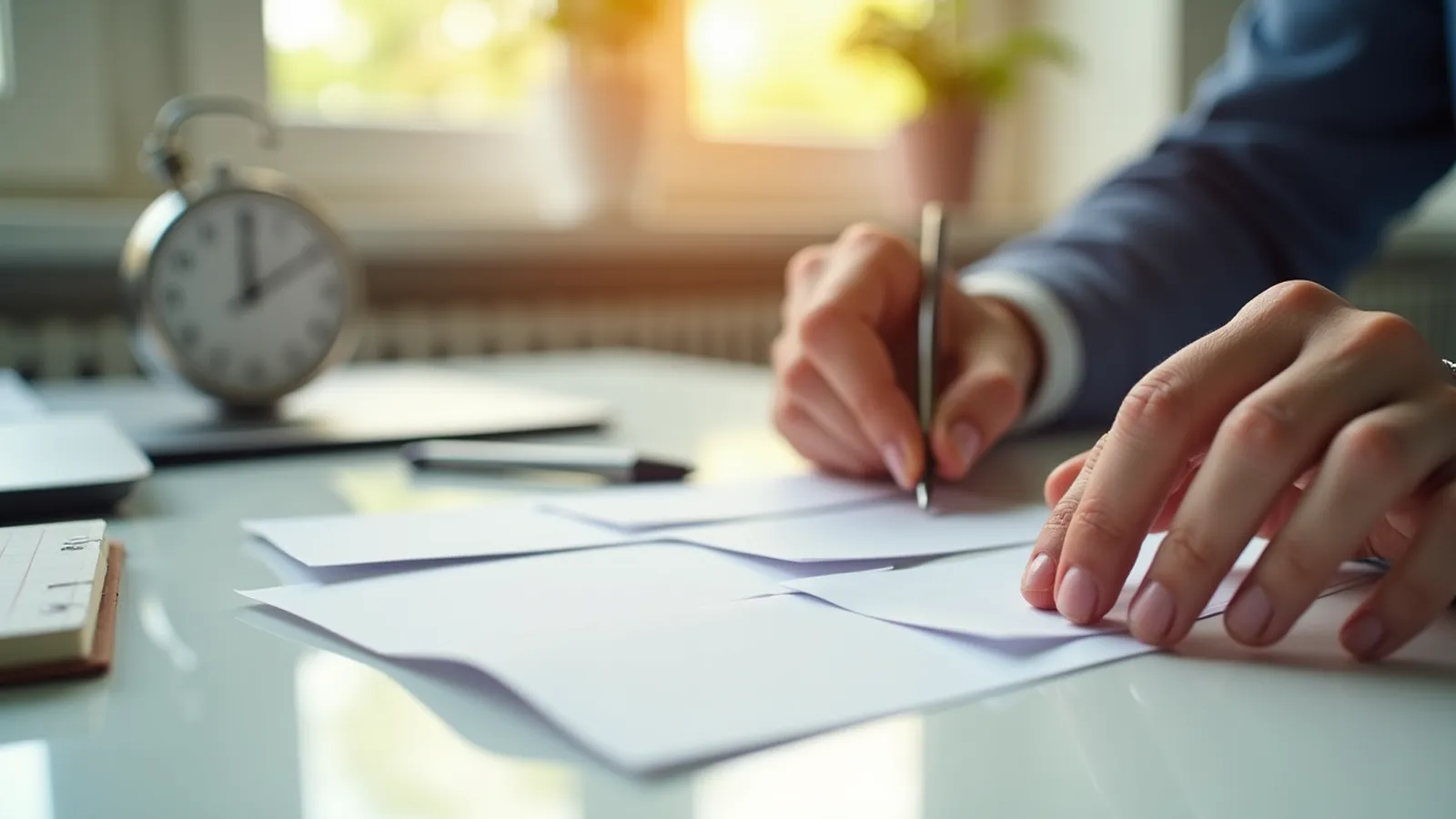 Hands arrange five blank cards beside a notebook and timer on a table