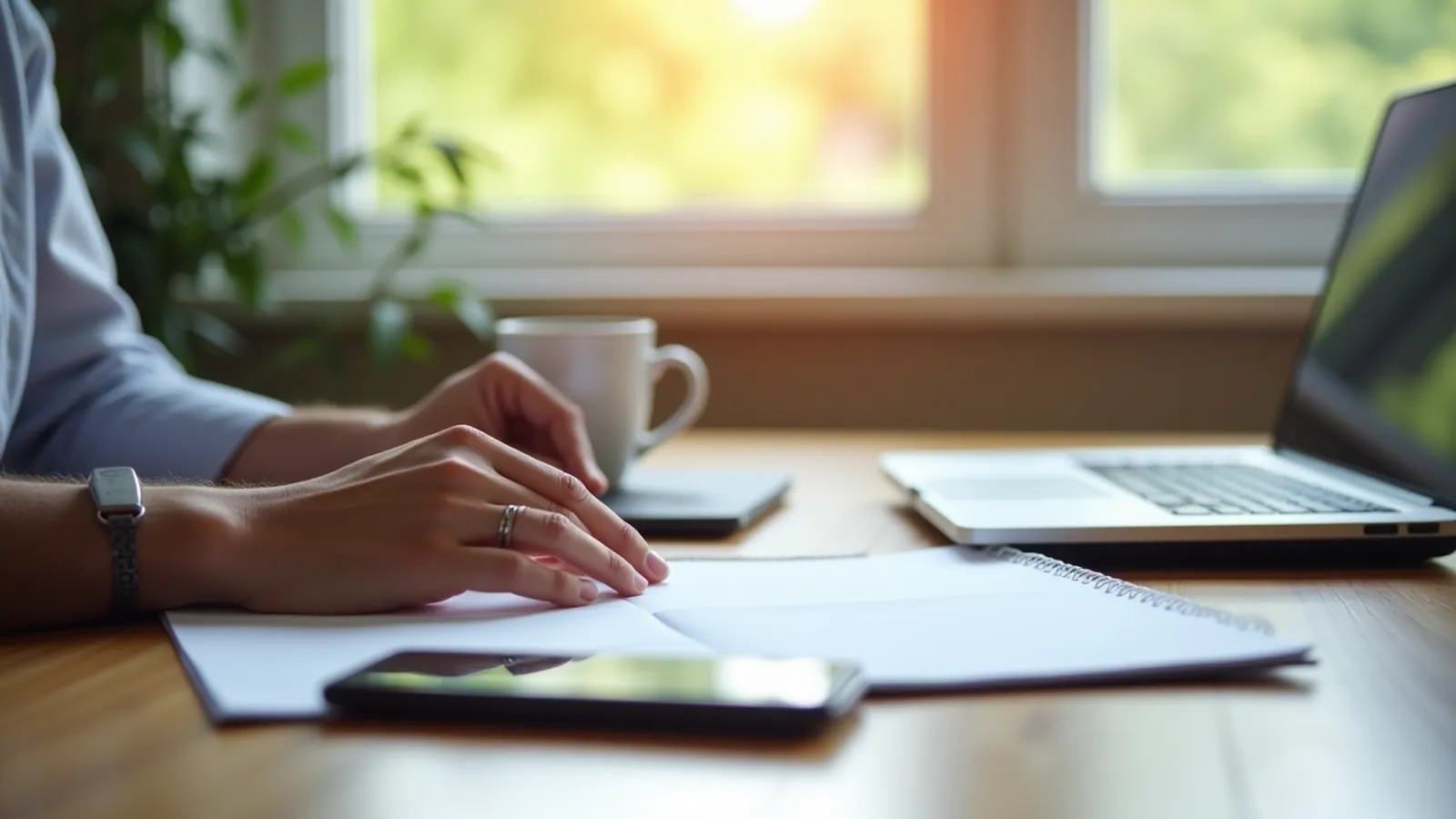 Lead magnet brief scene: blank notebook, closed laptop and coffee on a sunlit desk