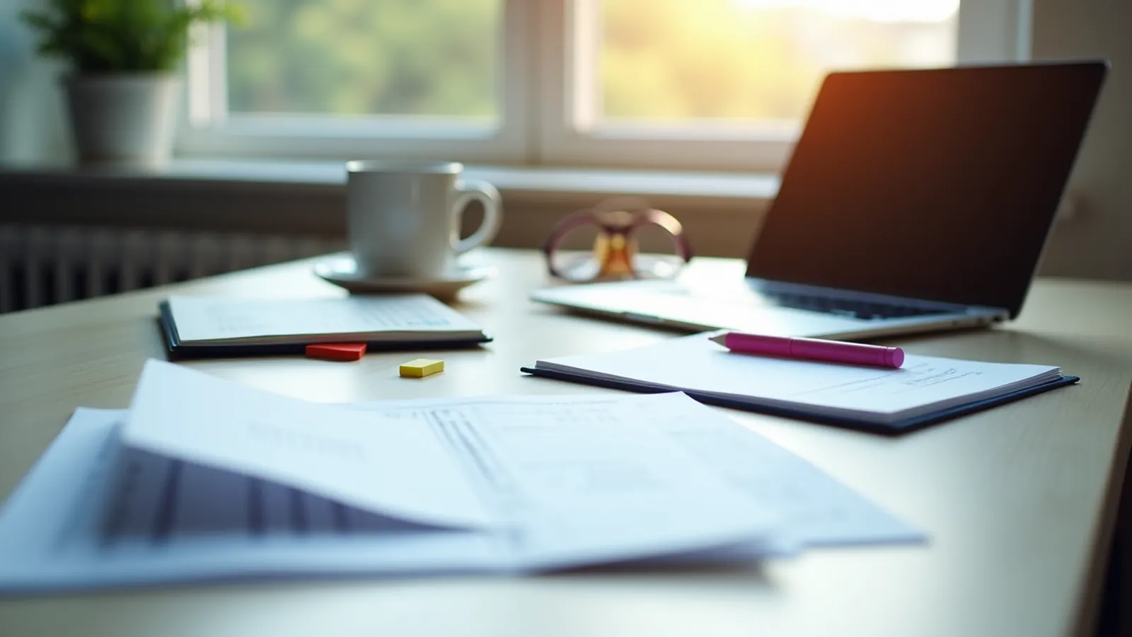 A desk with loose pages, highlighter and closed laptop for reviewing lead magnet claims.