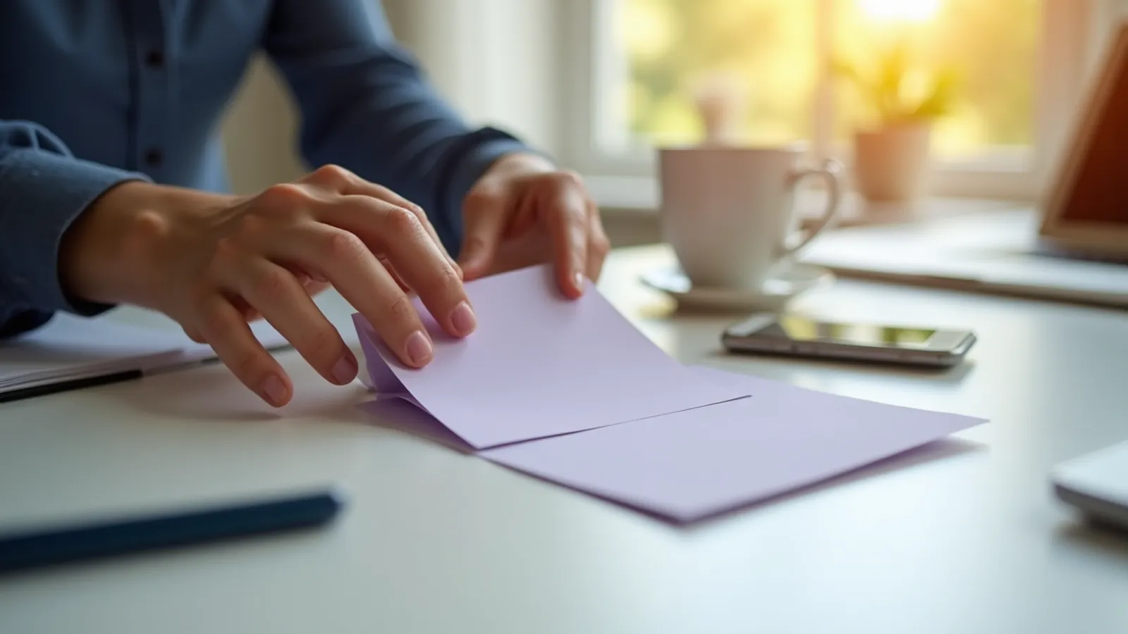 Hands arrange three blank note cards beside a face-down phone on a kitchen table.