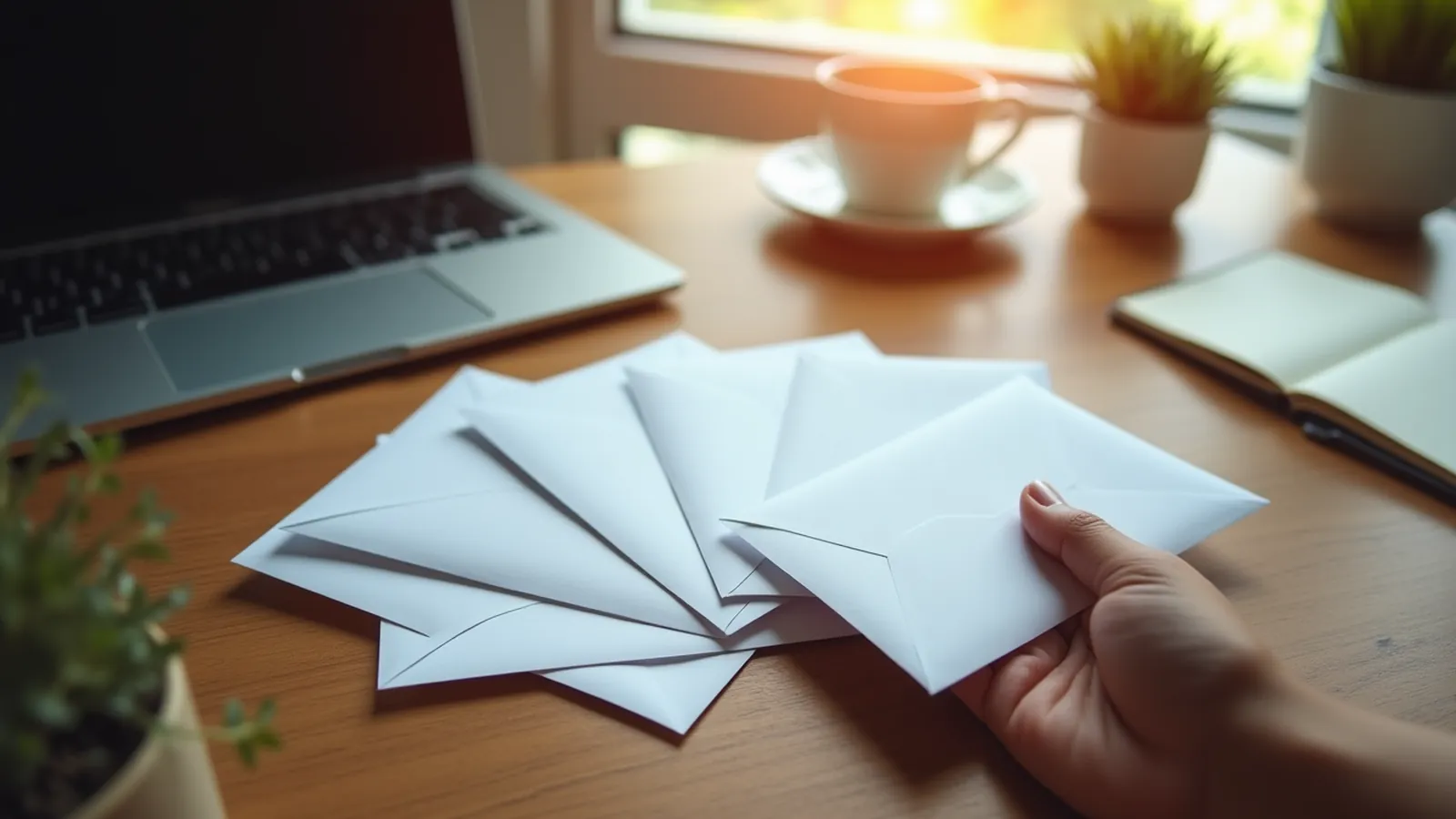 Five plain envelopes arranged beside a laptop for a lead magnet email series