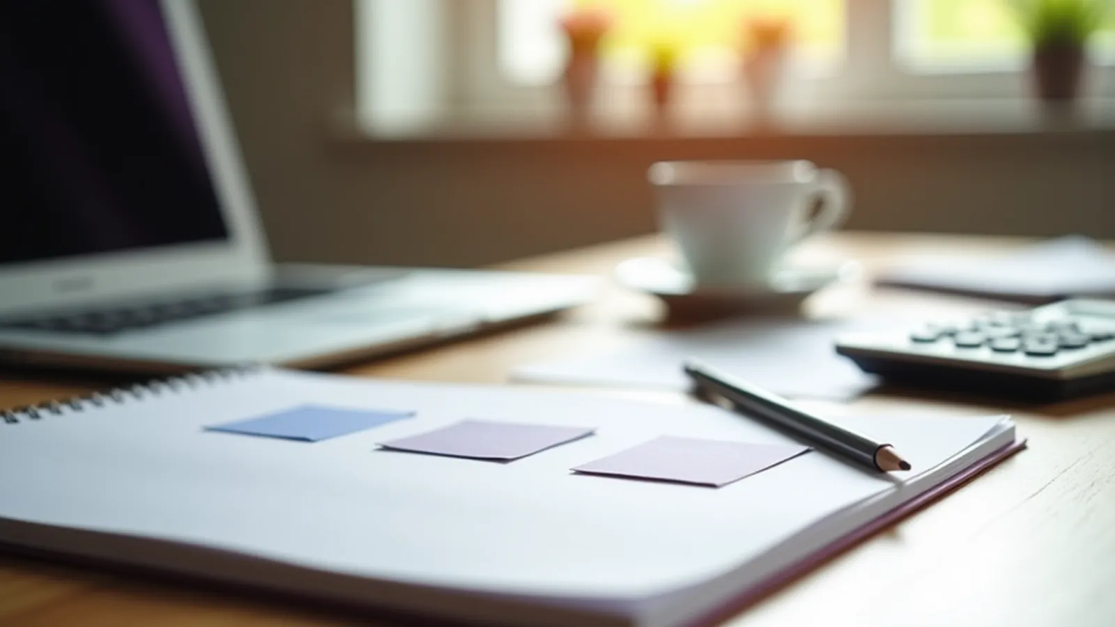 Blank notebook, calculator, and four paper squares on a sunlit table for a lead magnet estimate