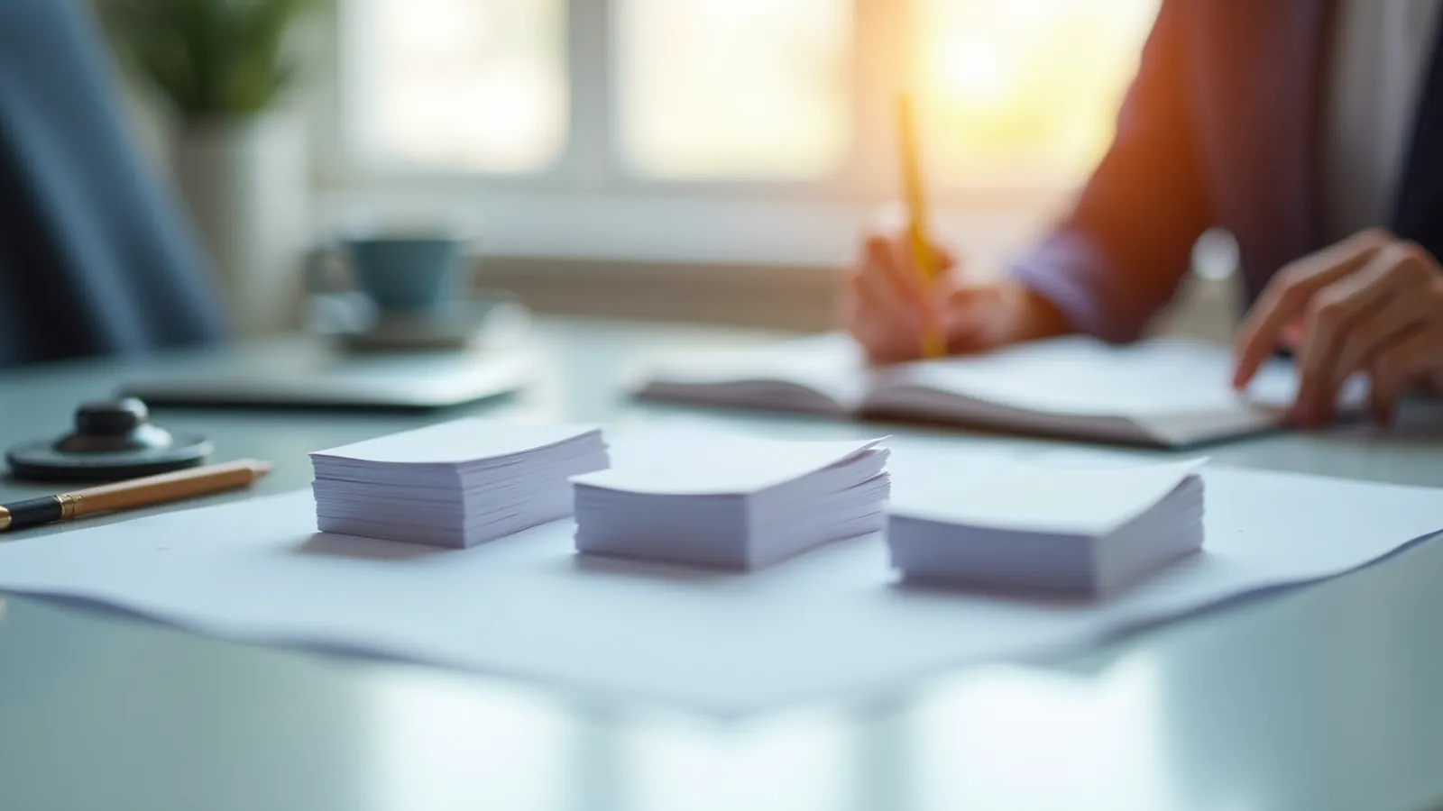 Blank index cards in a row on a desk beside a timer and pencil.