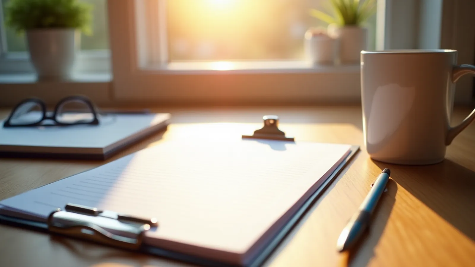 Blank checklist pages, a small booklet and a coffee cup on a desk in morning light.