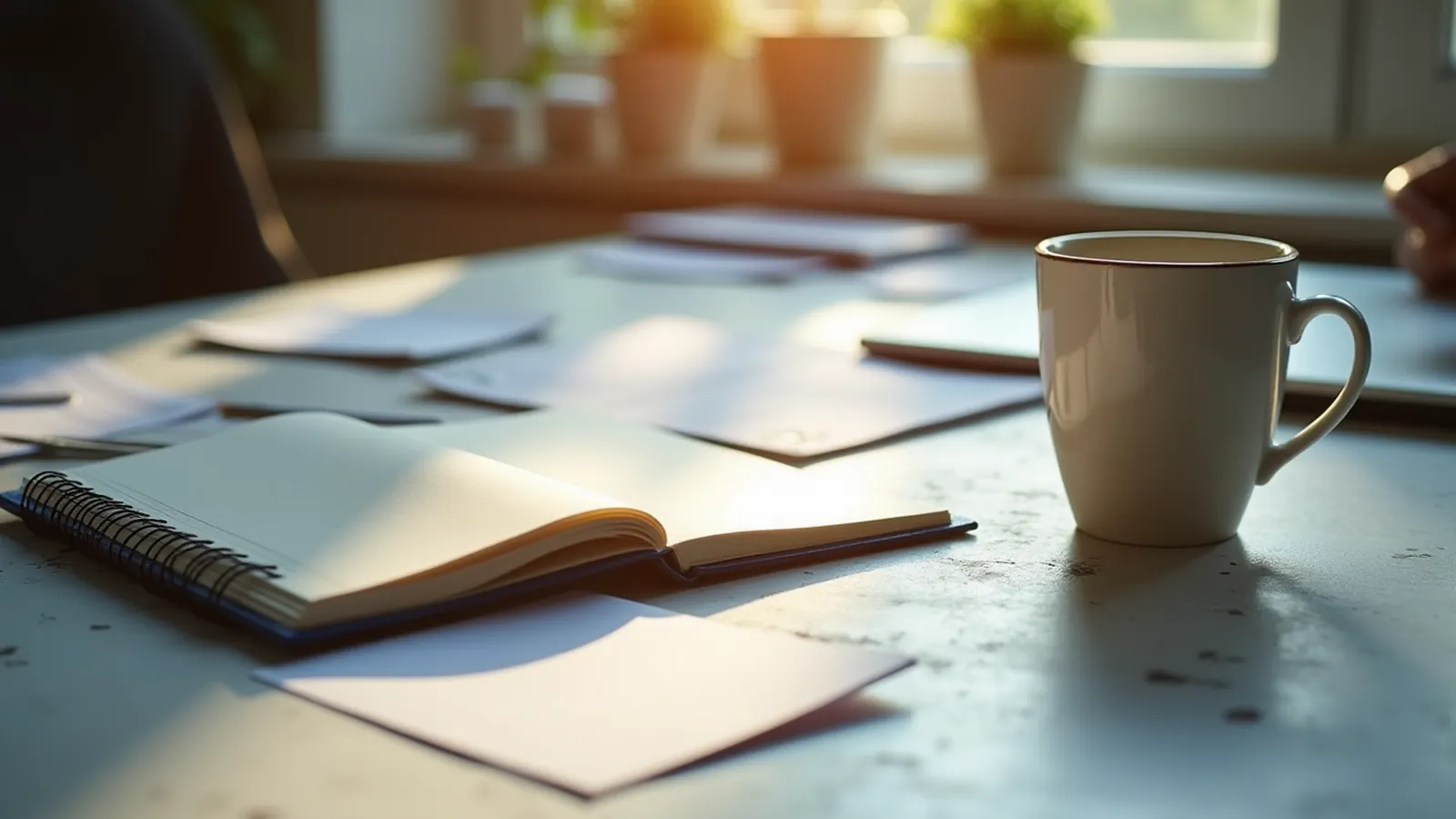 Notebook and blank cards on a sunlit table while choosing lead magnet ideas