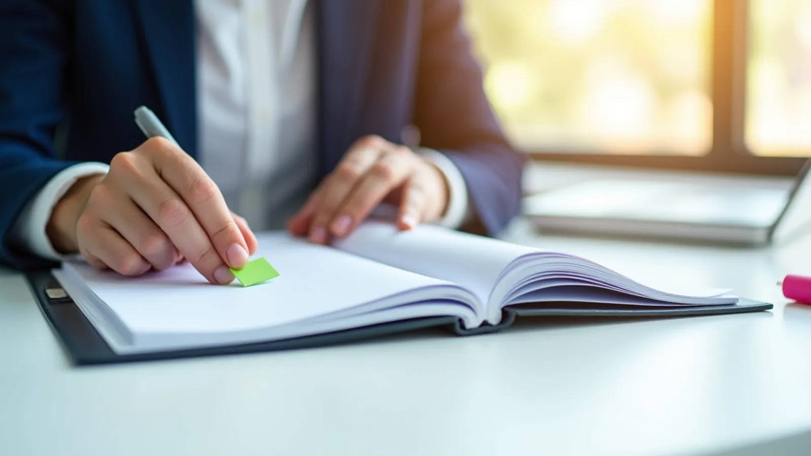 Hands adding blank colored tabs to sample pages beside a highlighter and folder.