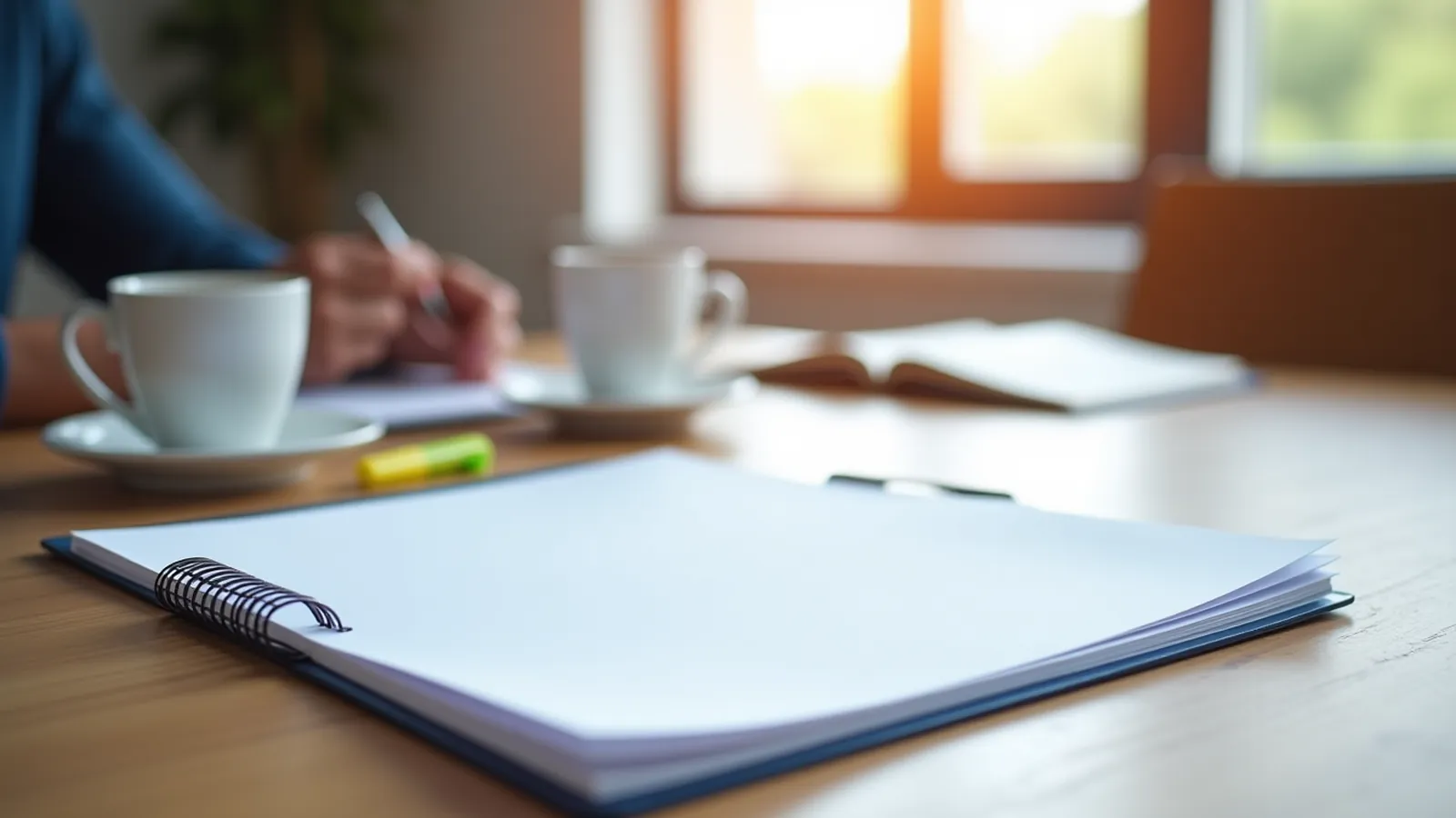 Two blank folders, coffee cups and a highlighter on a meeting table.