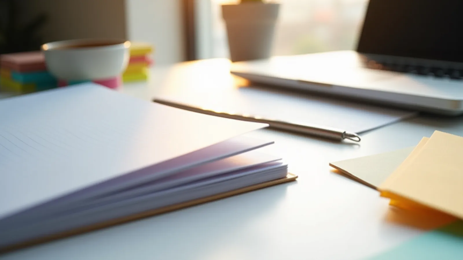 Blank workbook pages and sticky notes on a designer's desk for lead magnet ownership.