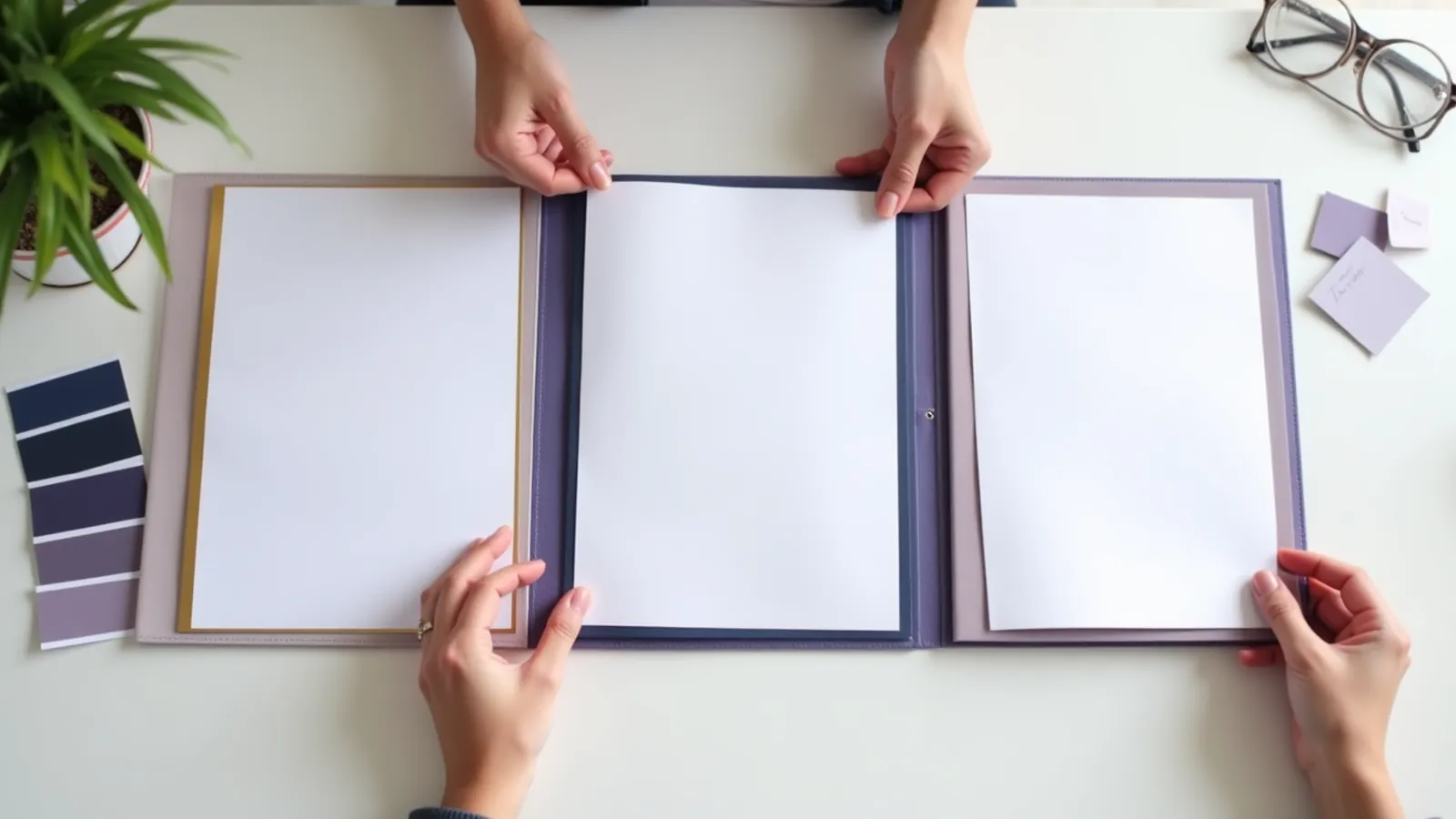 Three blank template folders with color swatches arranged on a table.