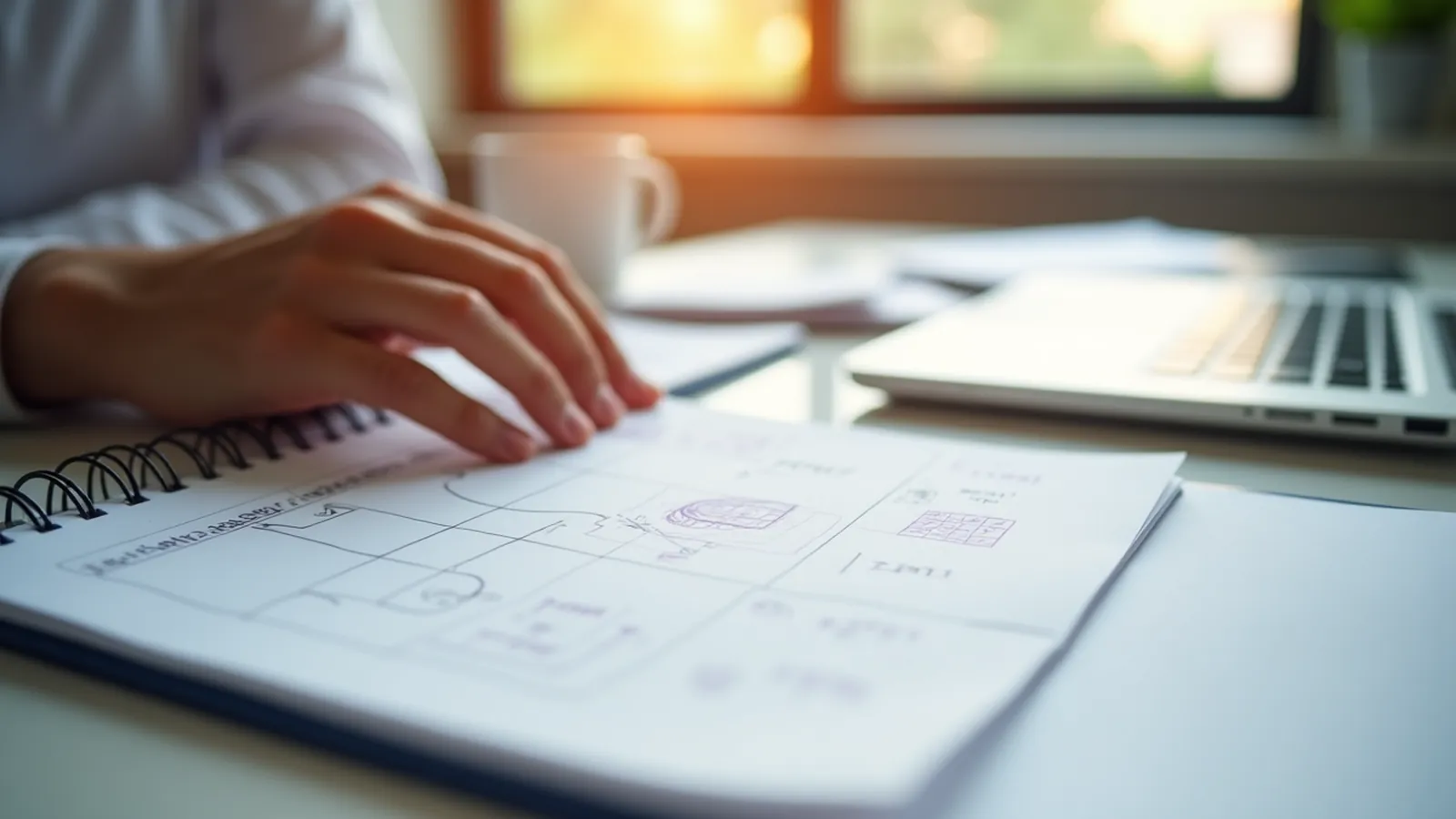 A hand choosing between a blank grid sheet and a custom notebook on a kitchen table