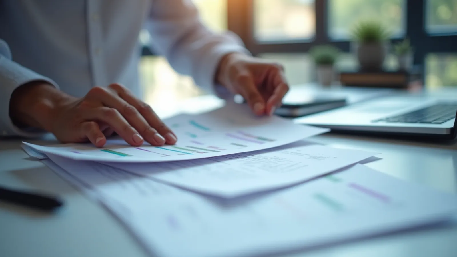 Hands aligning blank template pages with colored tabs under a desk lamp