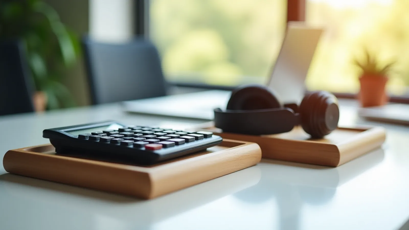 Worn calculator, headphones and closed laptop beside a small stack of coins in two trays