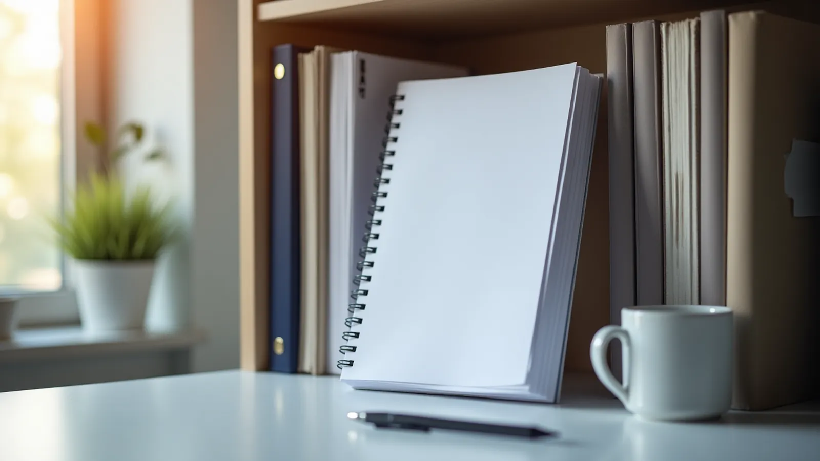 Unopened spiral workbook on a dusty shelf above a desk in afternoon light