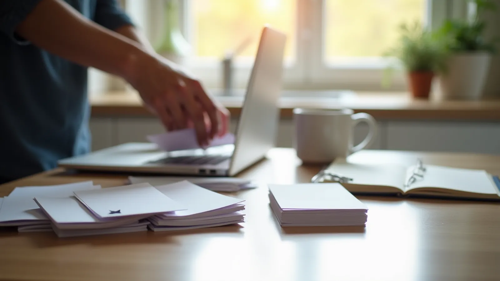 Marketer sorting blank cards at a kitchen table to define a niche audience
