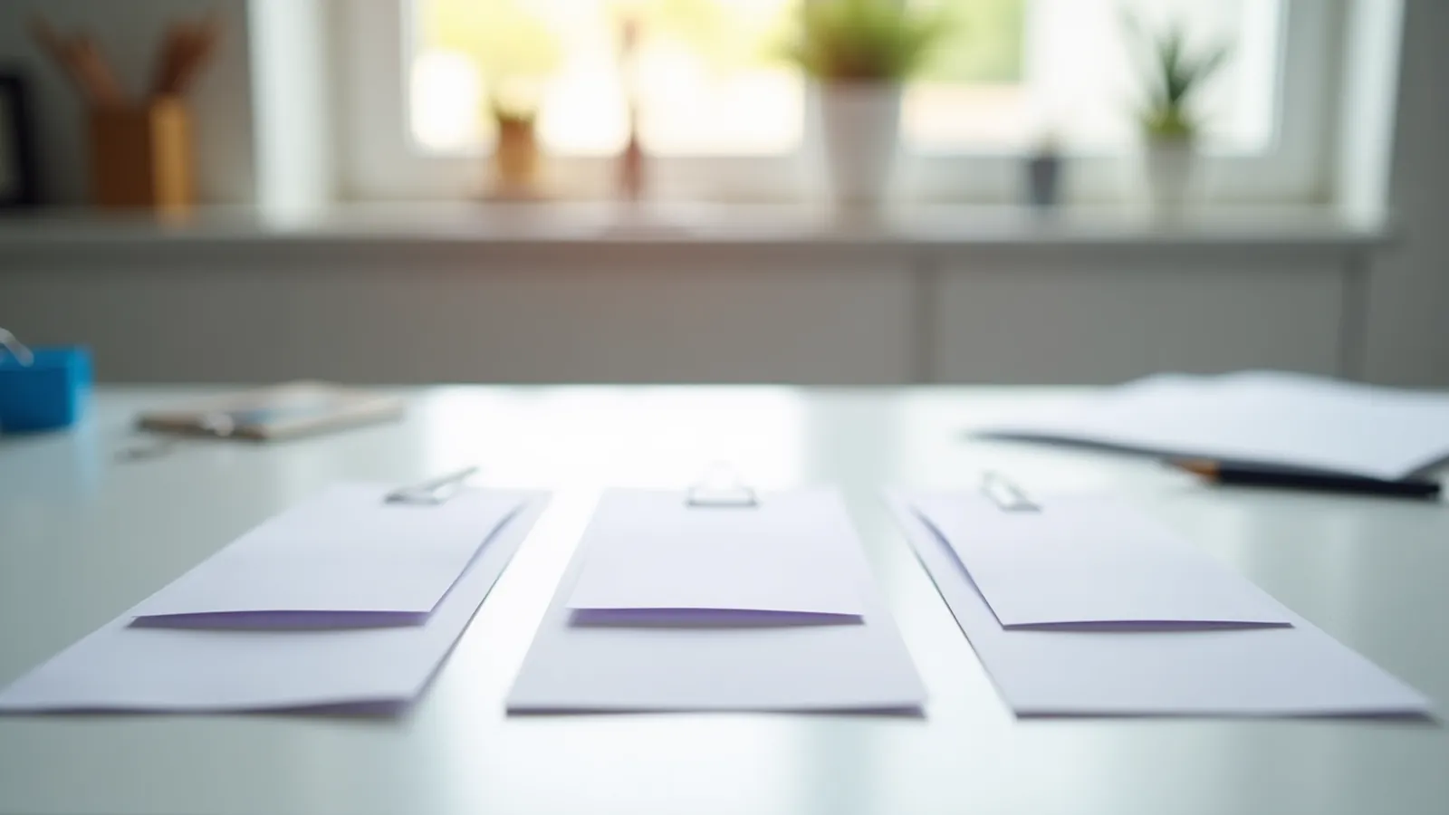 Three blank index cards arranged in a row on a sunlit table.