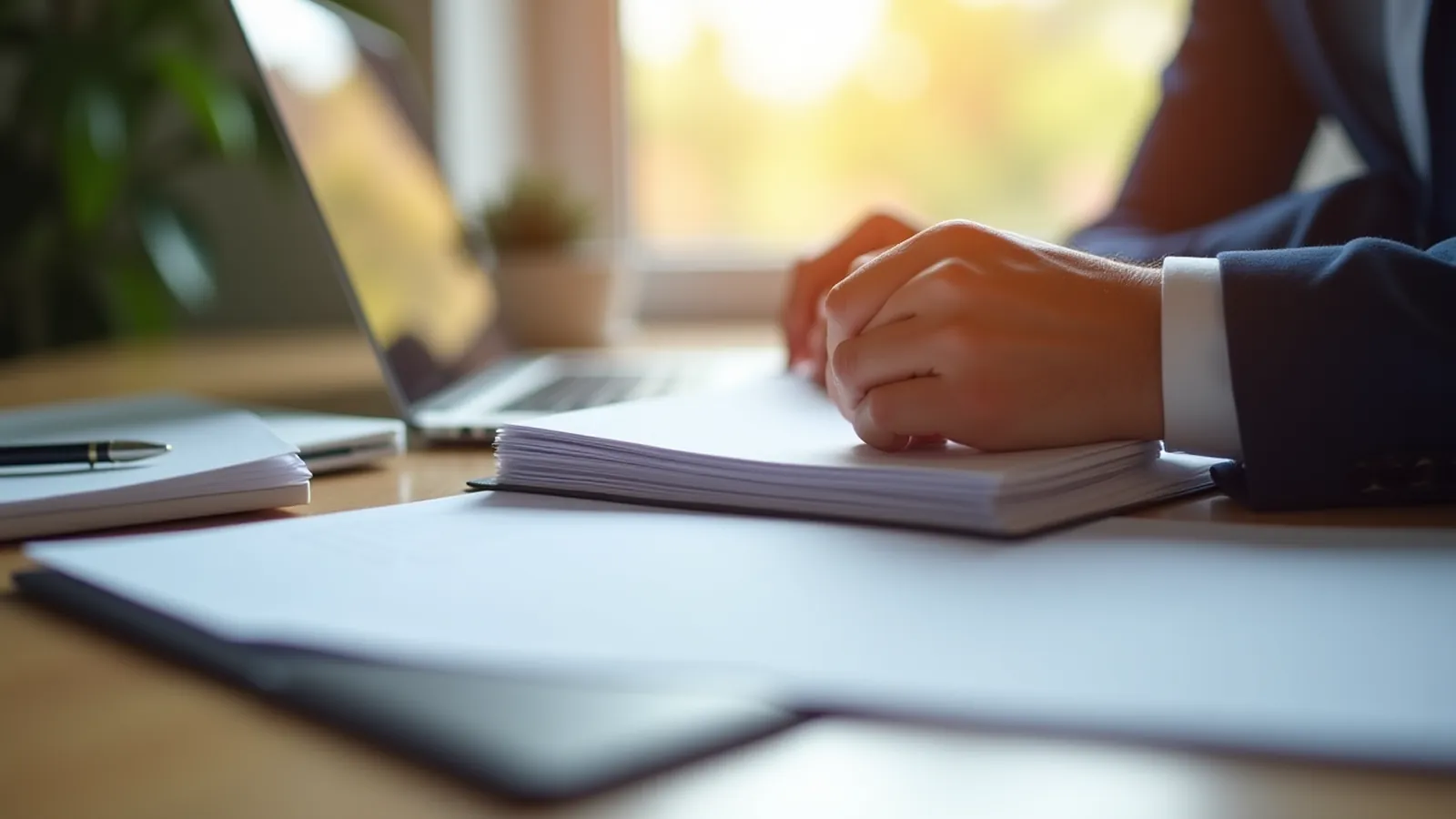 Hands sorting approved process notes beside a closed laptop on a sunlit wooden desk.