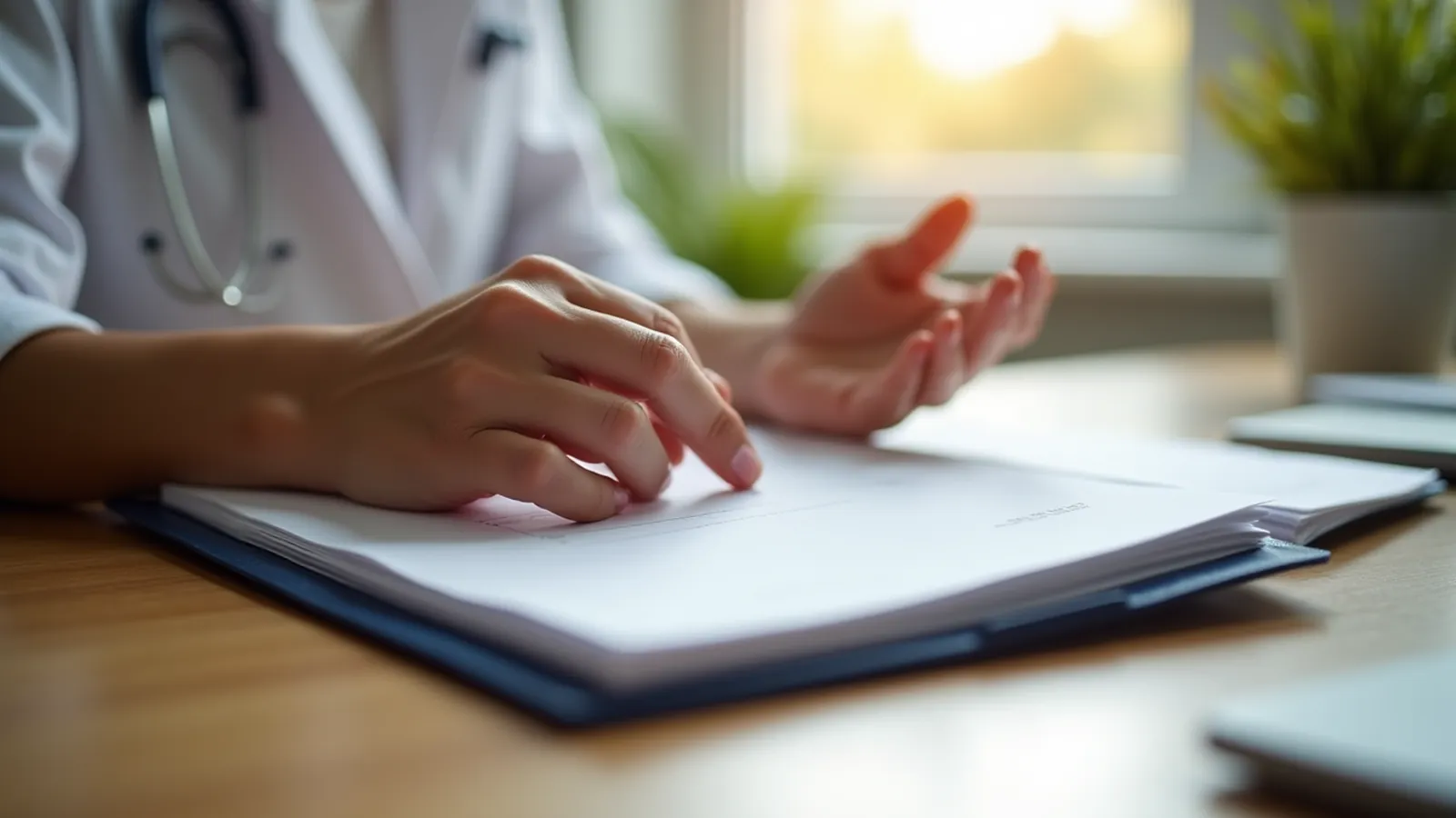 Hands pausing over a folder on a kitchen table