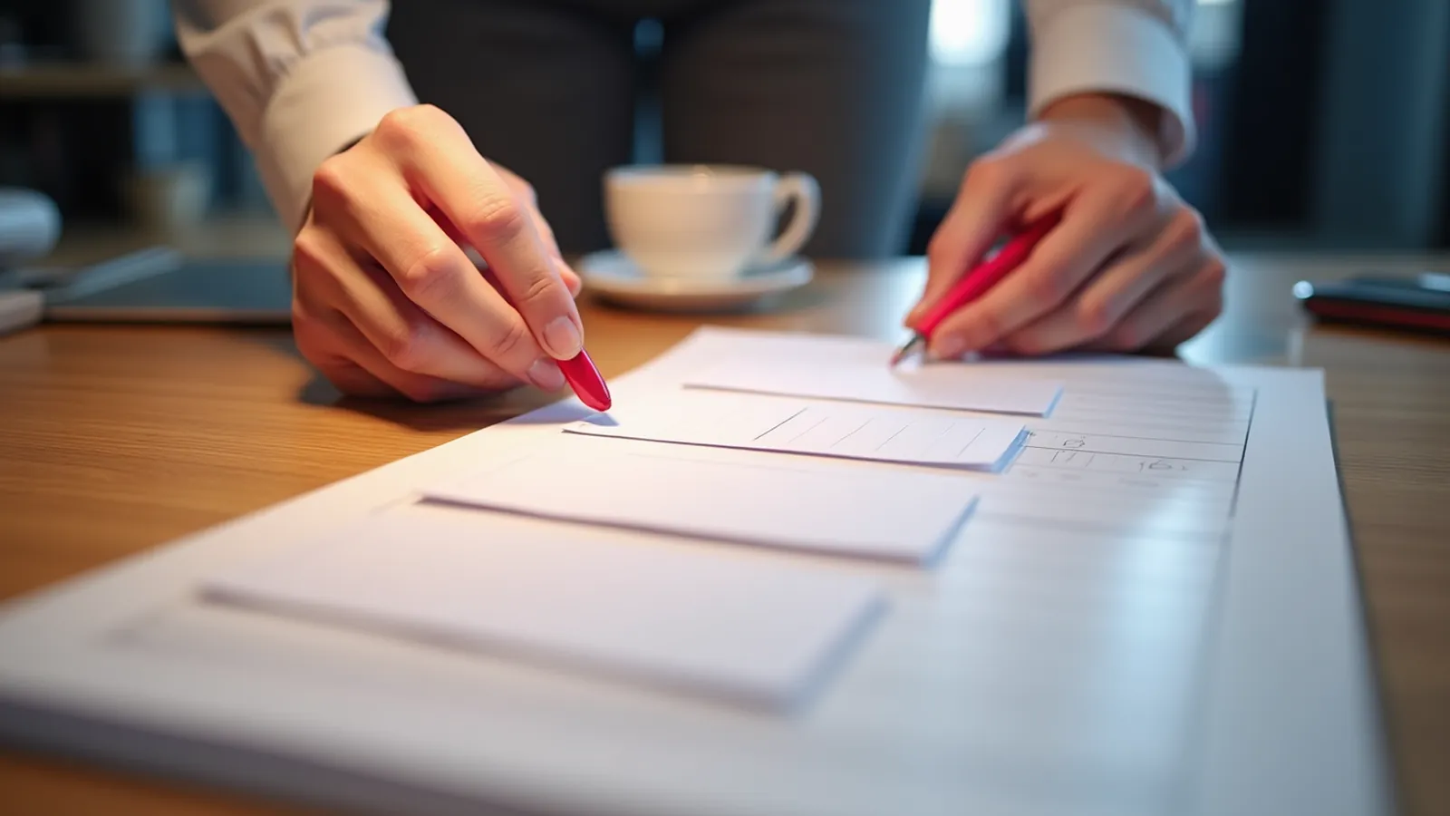 Hands arranging five blank cards beside a face-down draft on a desk