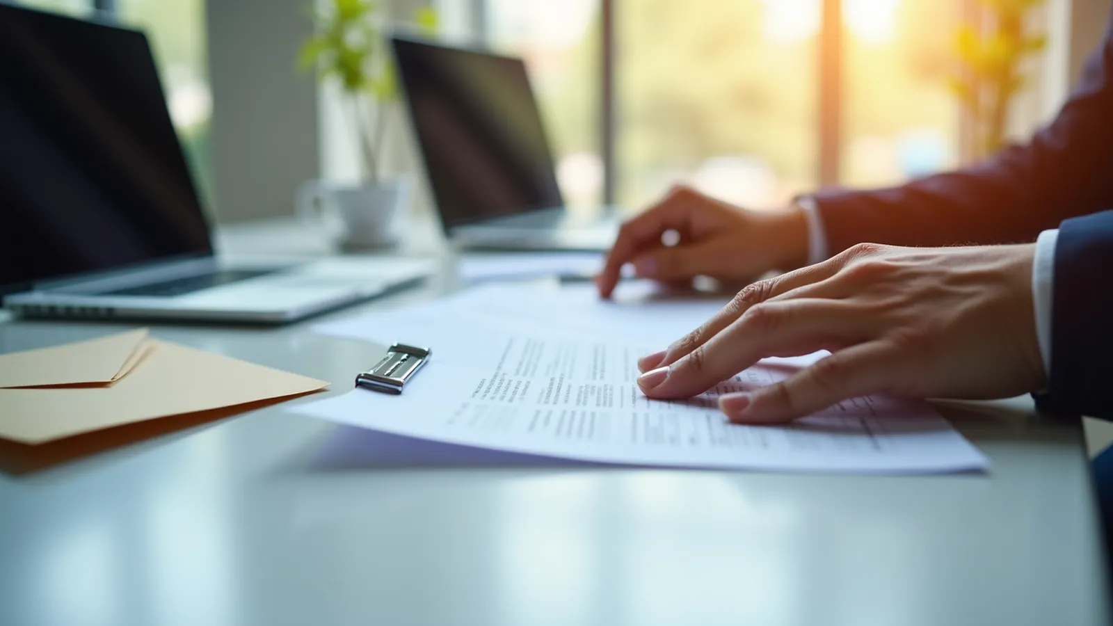 Hands assembling a printed brief with envelope on a desk