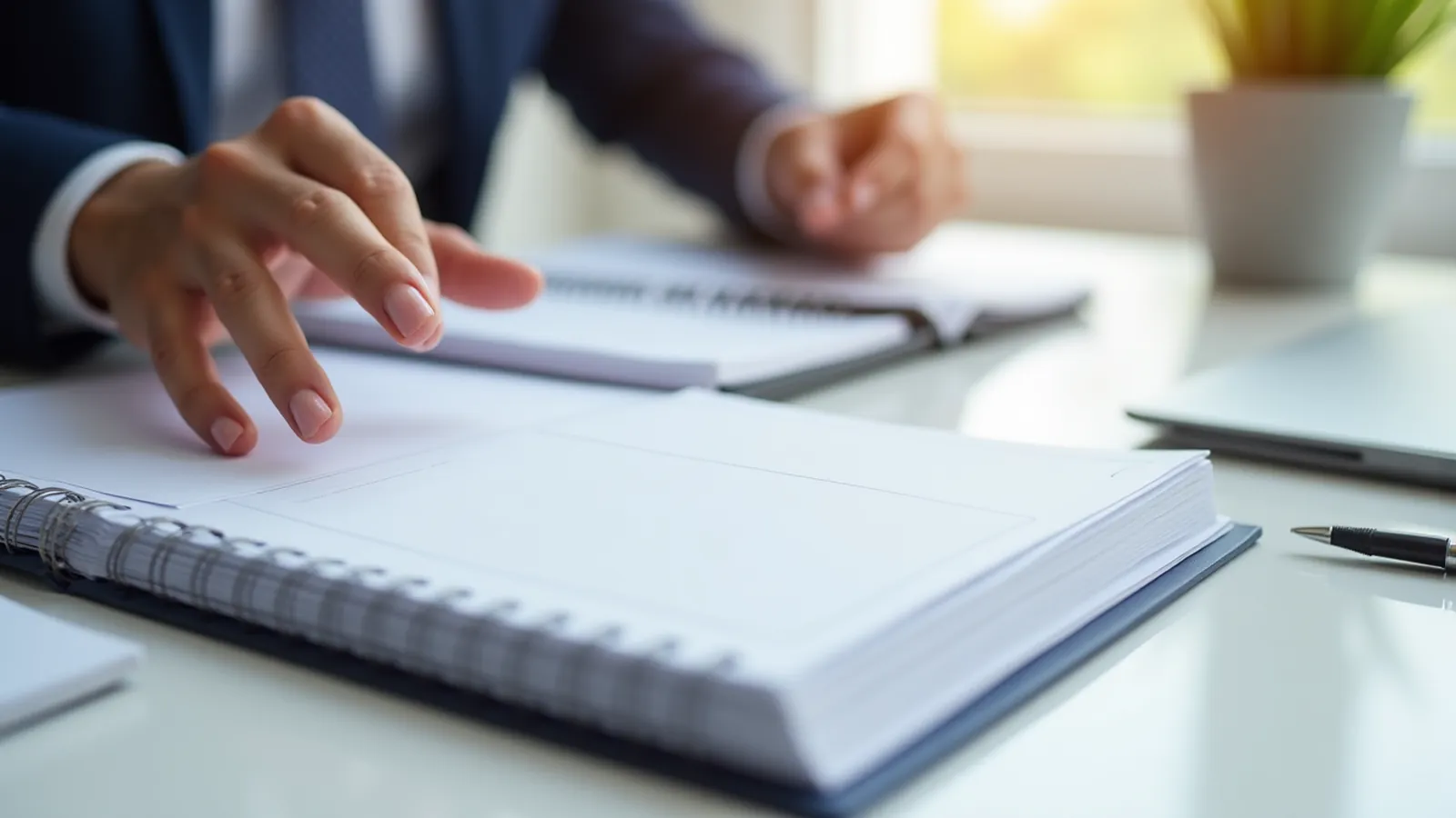 Hand moving a blank workbook page aside beside pen and tabbed sections.