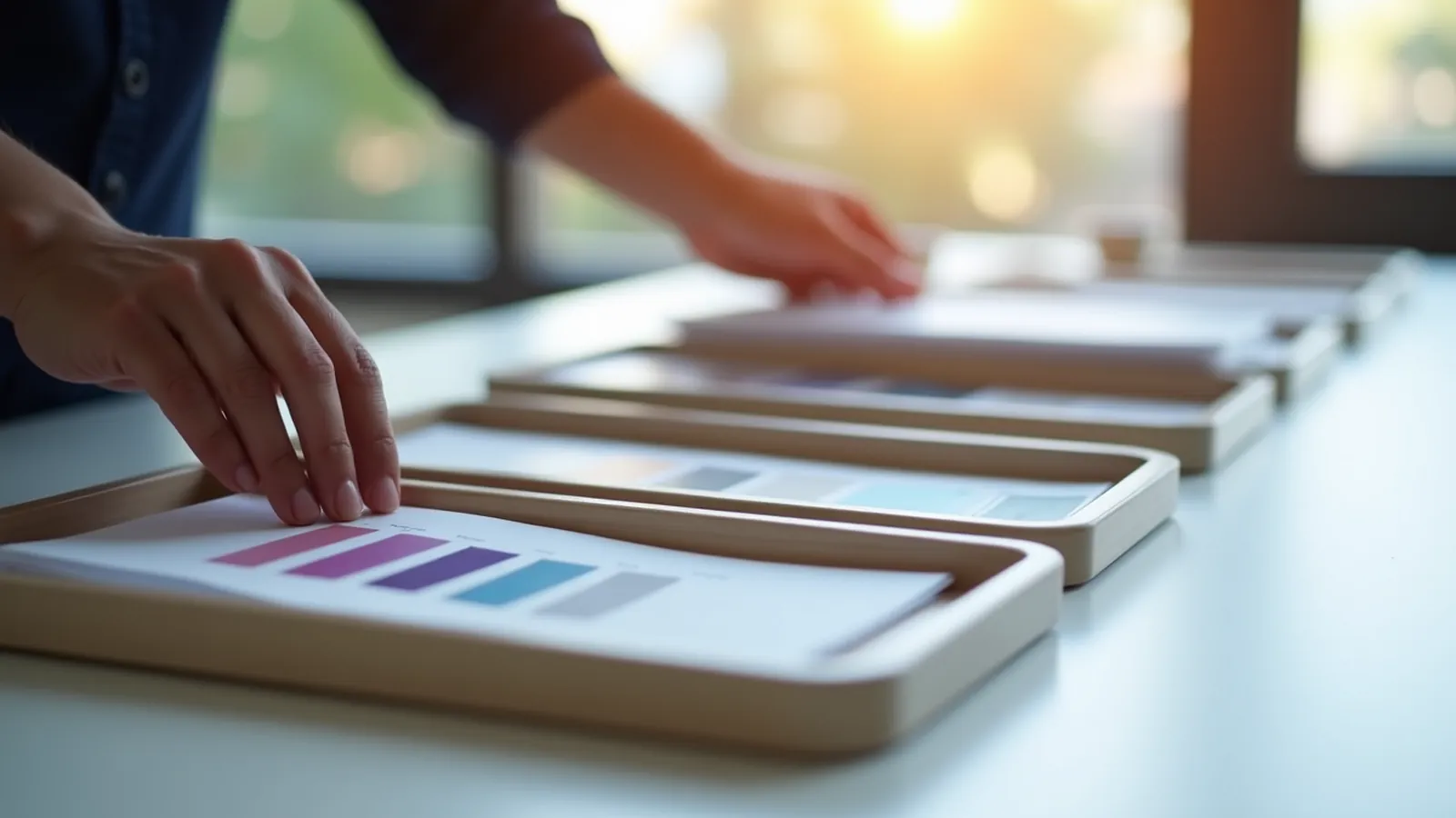 Five color-coded trays separating client lead magnet materials on a desk.