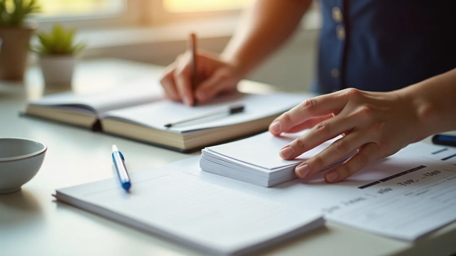 Two hands sorting blank index cards beside an open notebook on a kitchen table.