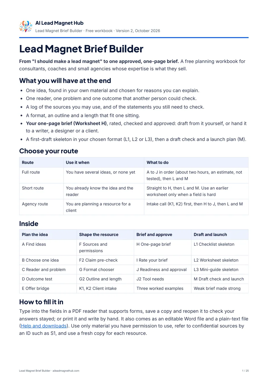 Start page of the Lead Magnet Brief Builder workbook