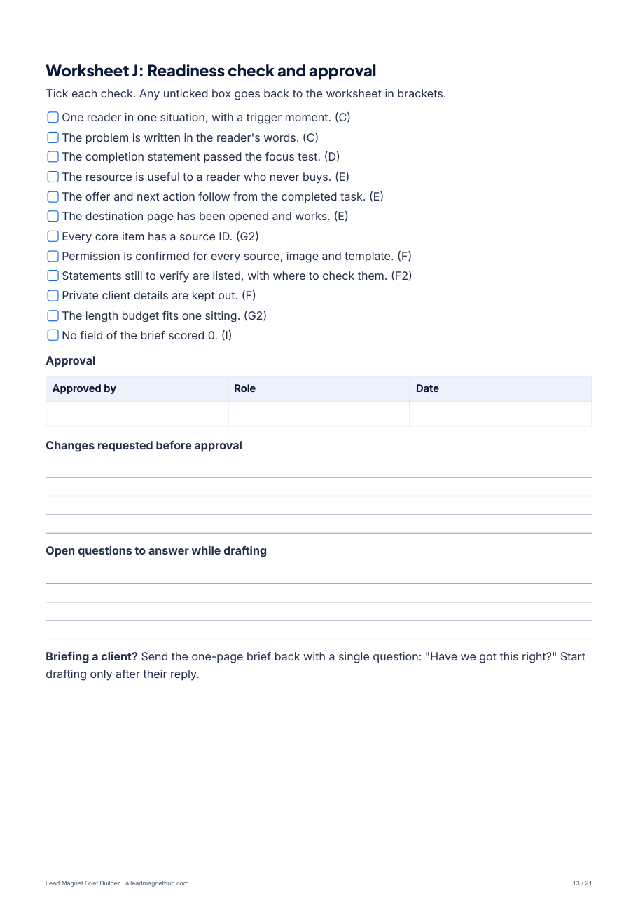 Worksheet J: readiness check and approval