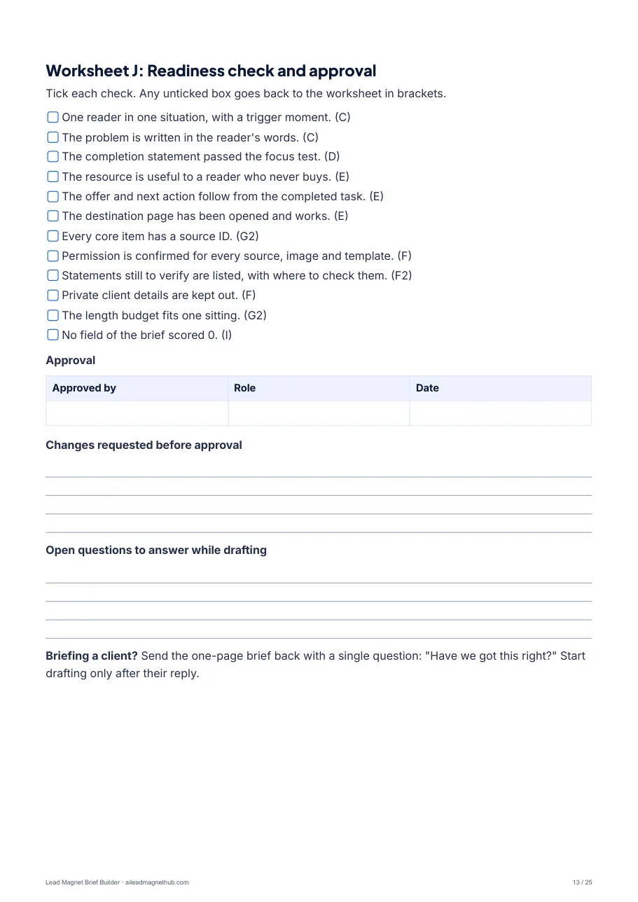 Worksheet J: readiness check and approval