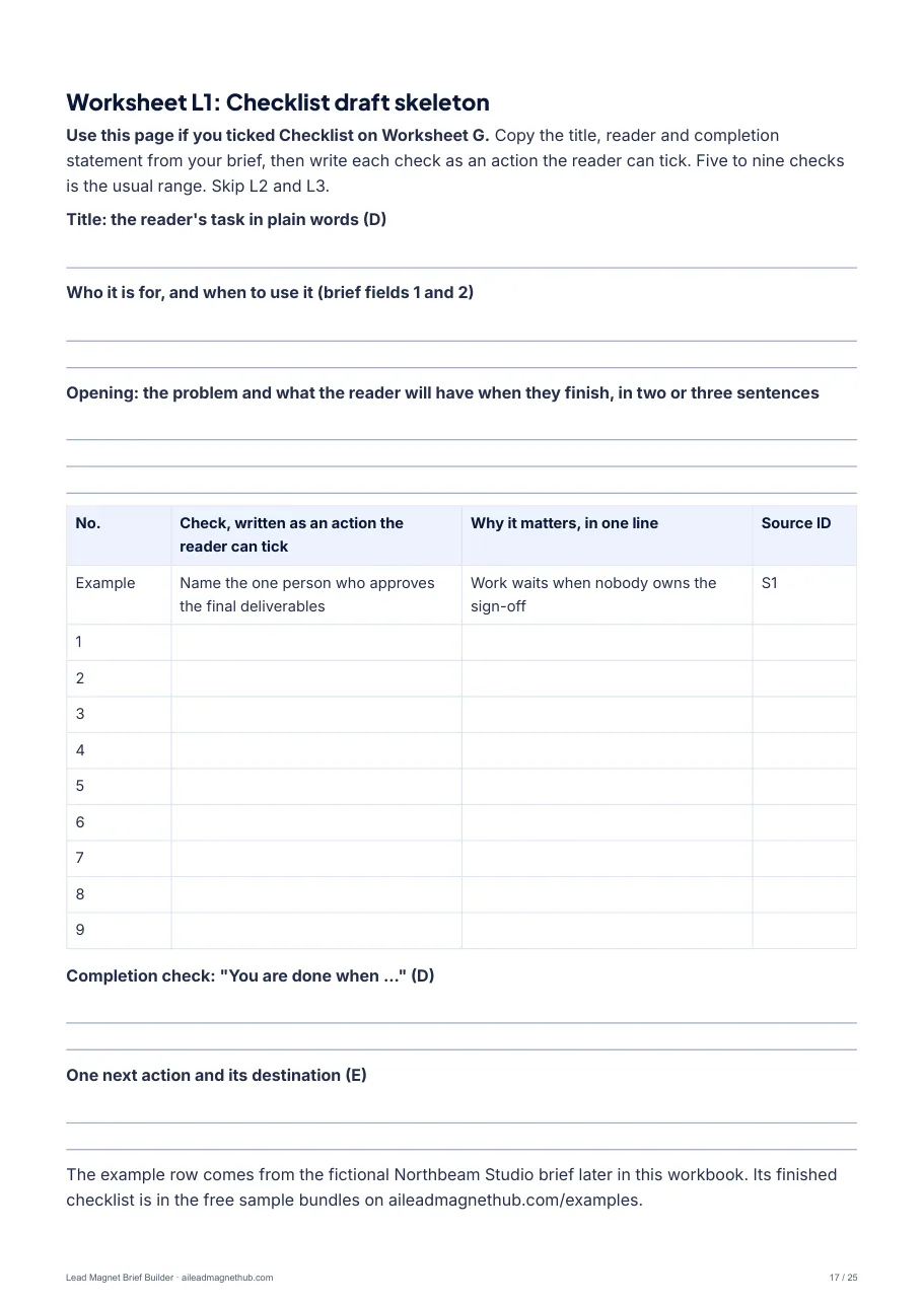 Worksheet L1: checklist draft skeleton with a filled example row