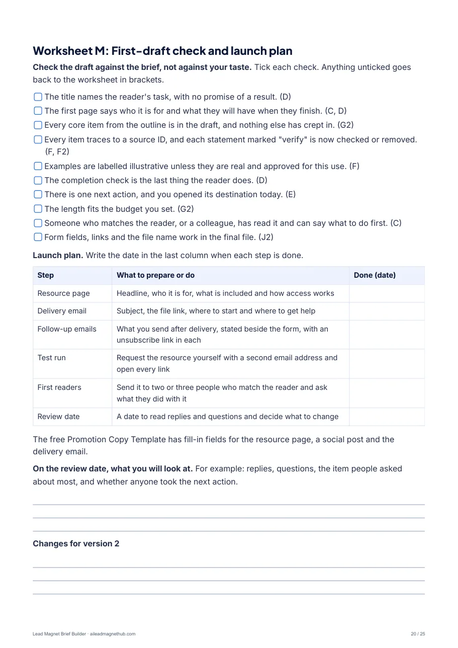 Worksheet M: first-draft check and launch plan