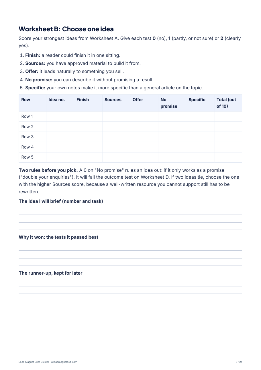 Worksheet B: score ideas and choose one
