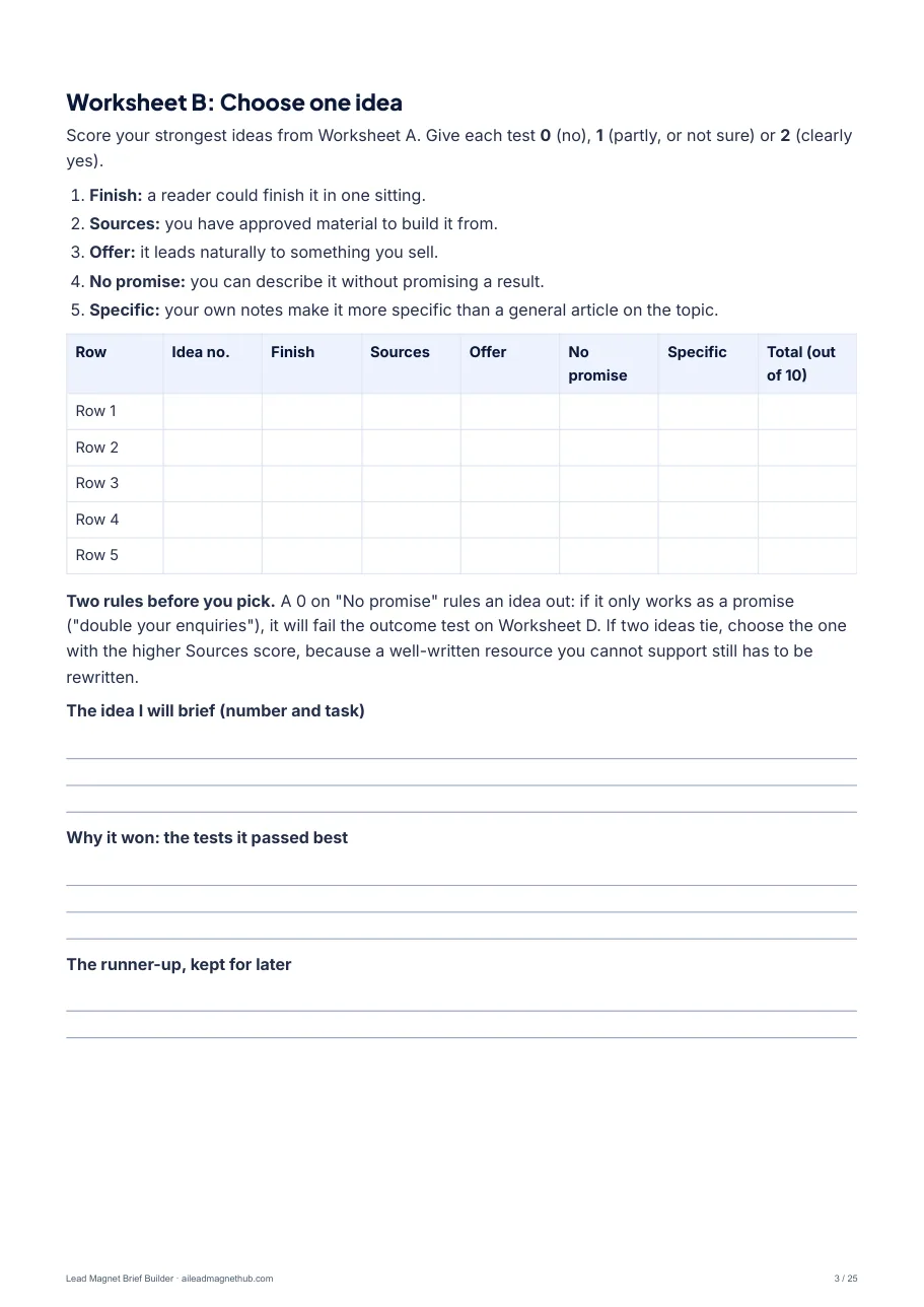 Worksheet B: score ideas and choose one