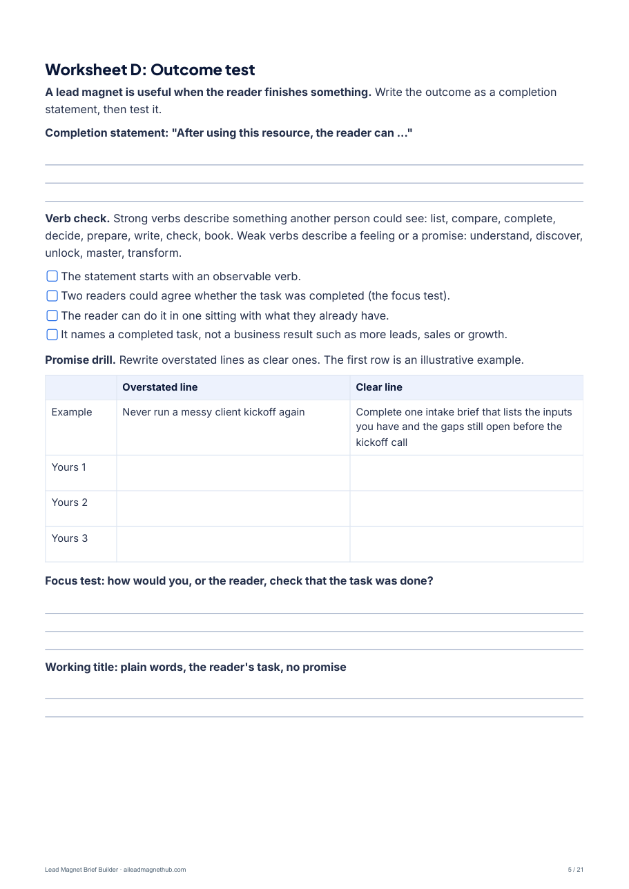 Worksheet D: outcome test and promise drill