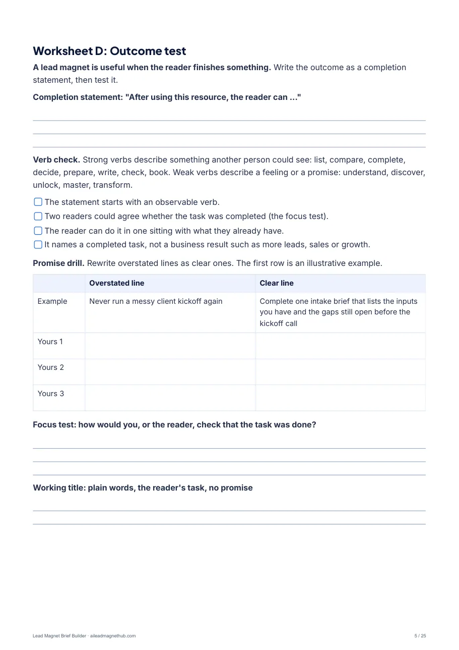 Worksheet D: outcome test and promise drill